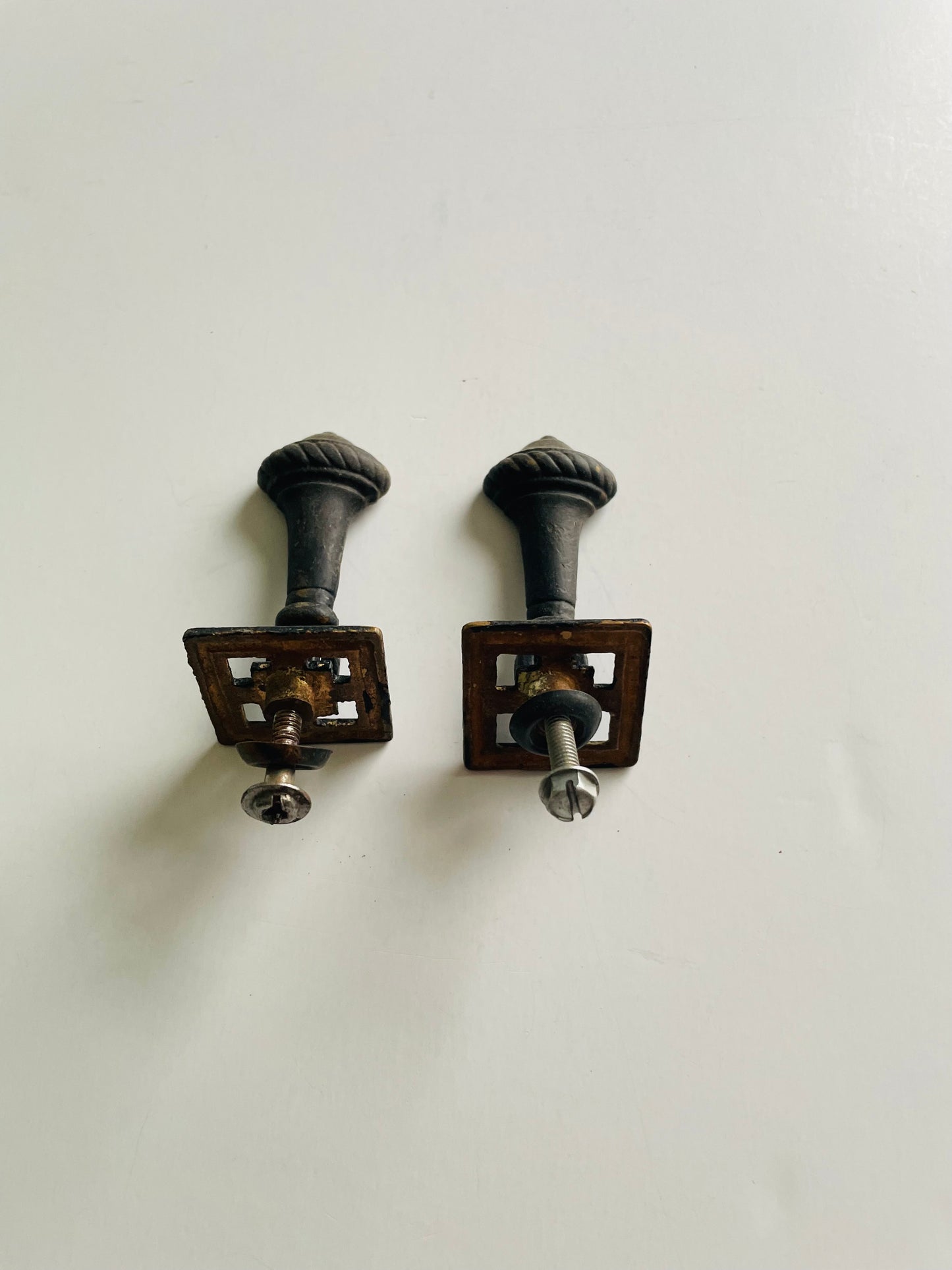 Antique Black Painted Brass Drawer Pull Handles - Set of 2 - As Found