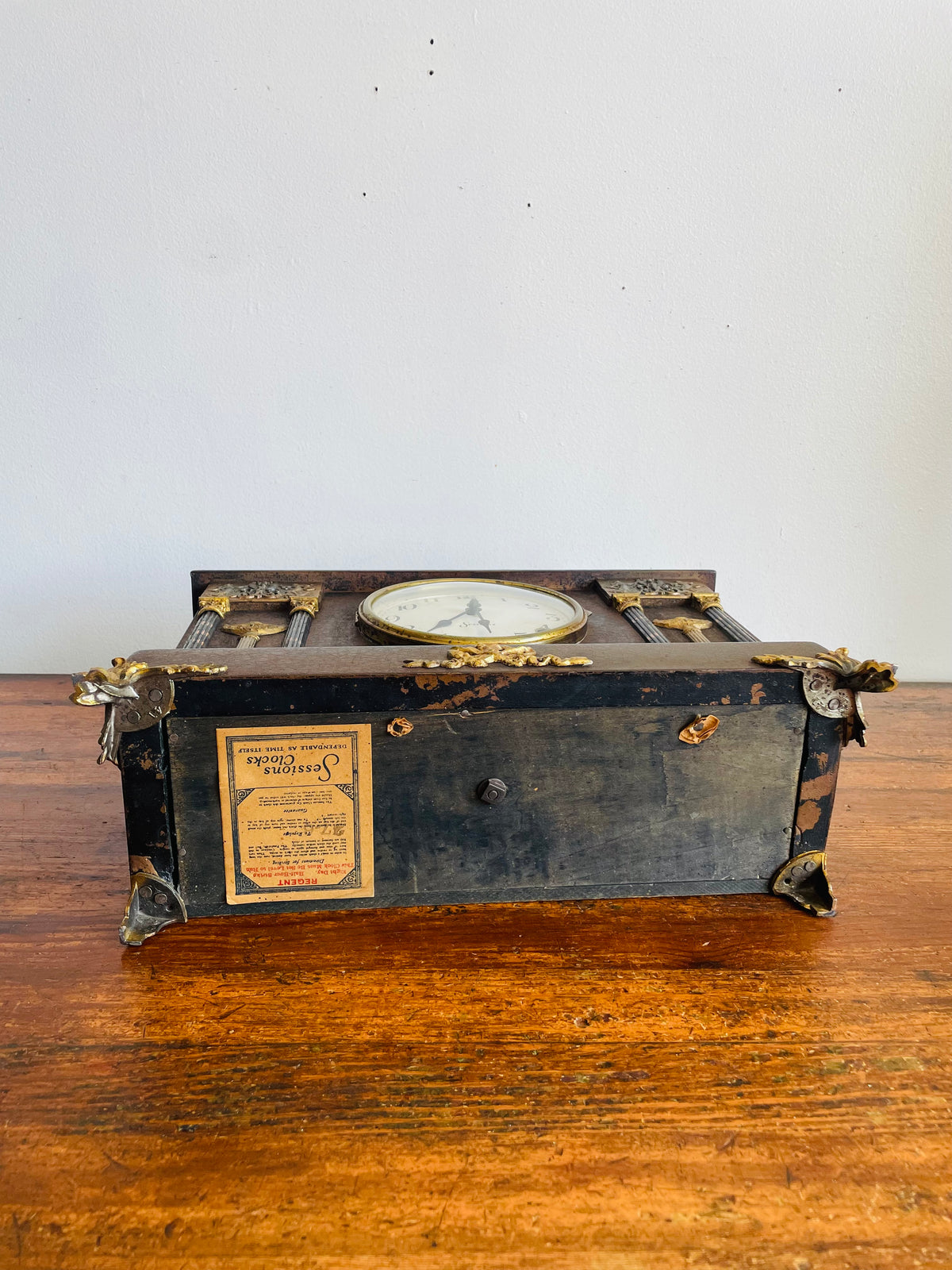 Antique Sessions Clock Company Mechanical Mantle Clock with Ornate Brass Details, Claw Feet & Lion Head Handles - Regent Eight Day Half-Hour Strike Model - Untested
