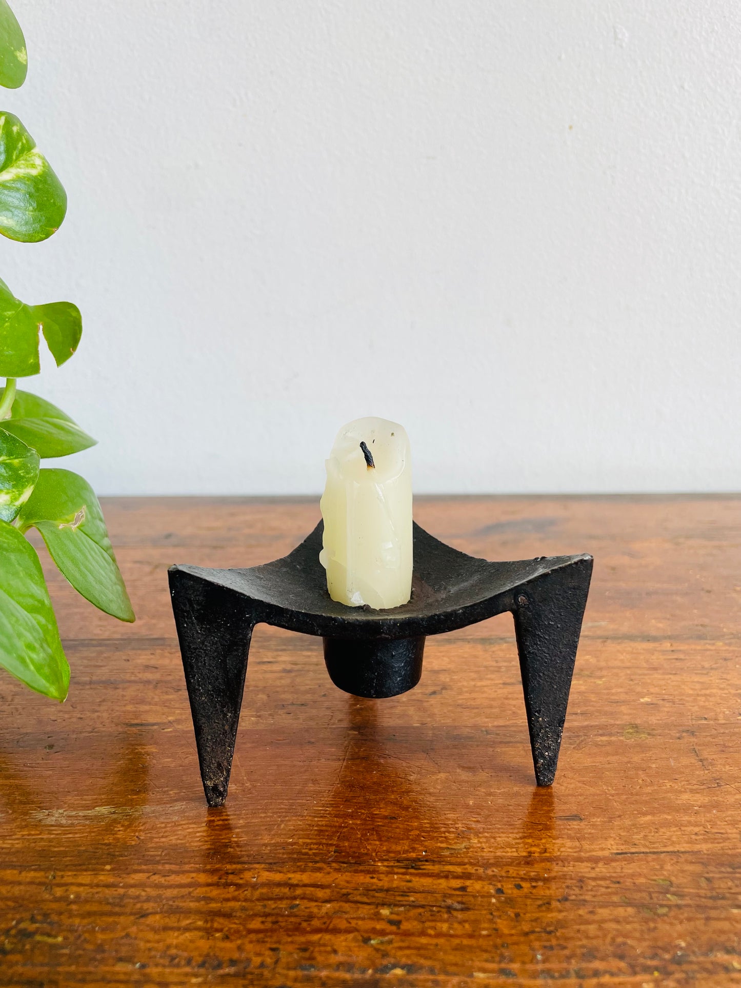 Vintage Mid-Century Modern Scandinavian Style Tripod Black Cast Iron Candle Holder