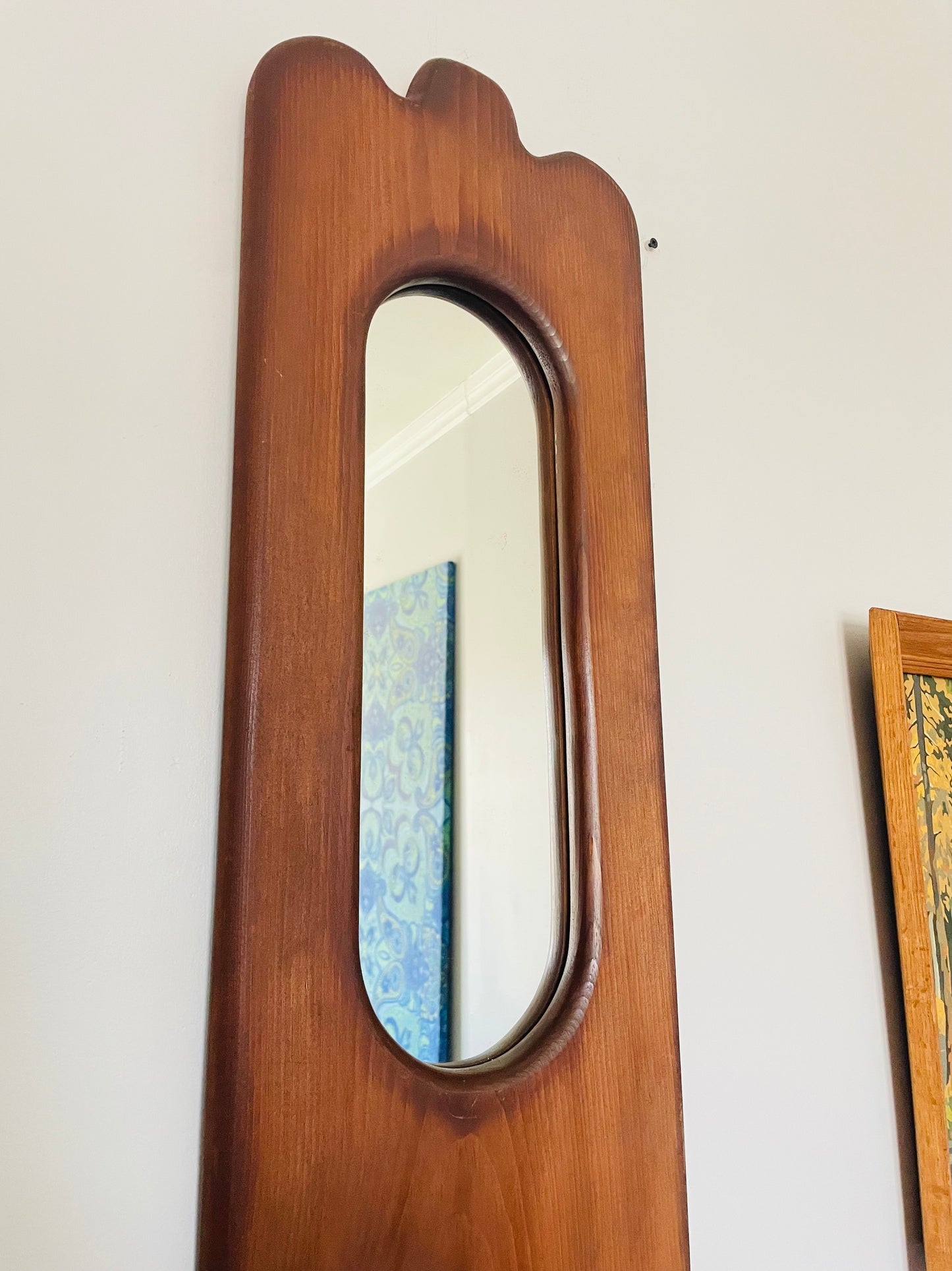 Vintage Organic Wavy Shaped Wood Mirror with Two Shelf Ledges - 3.5 Feet Long - No Shipping