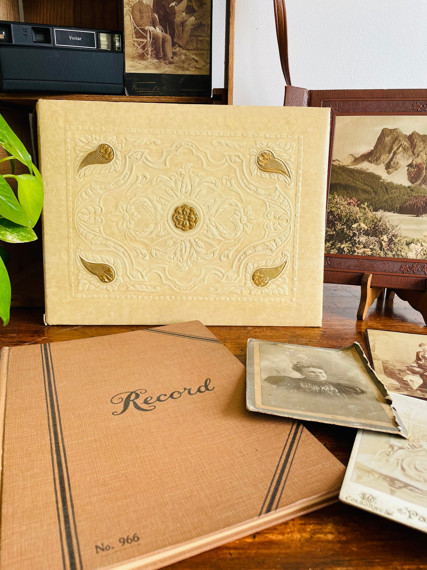 Antique Photo Album or Scrapbook - Cream with Gold Flowers & Filigree - Black Pages - Empty