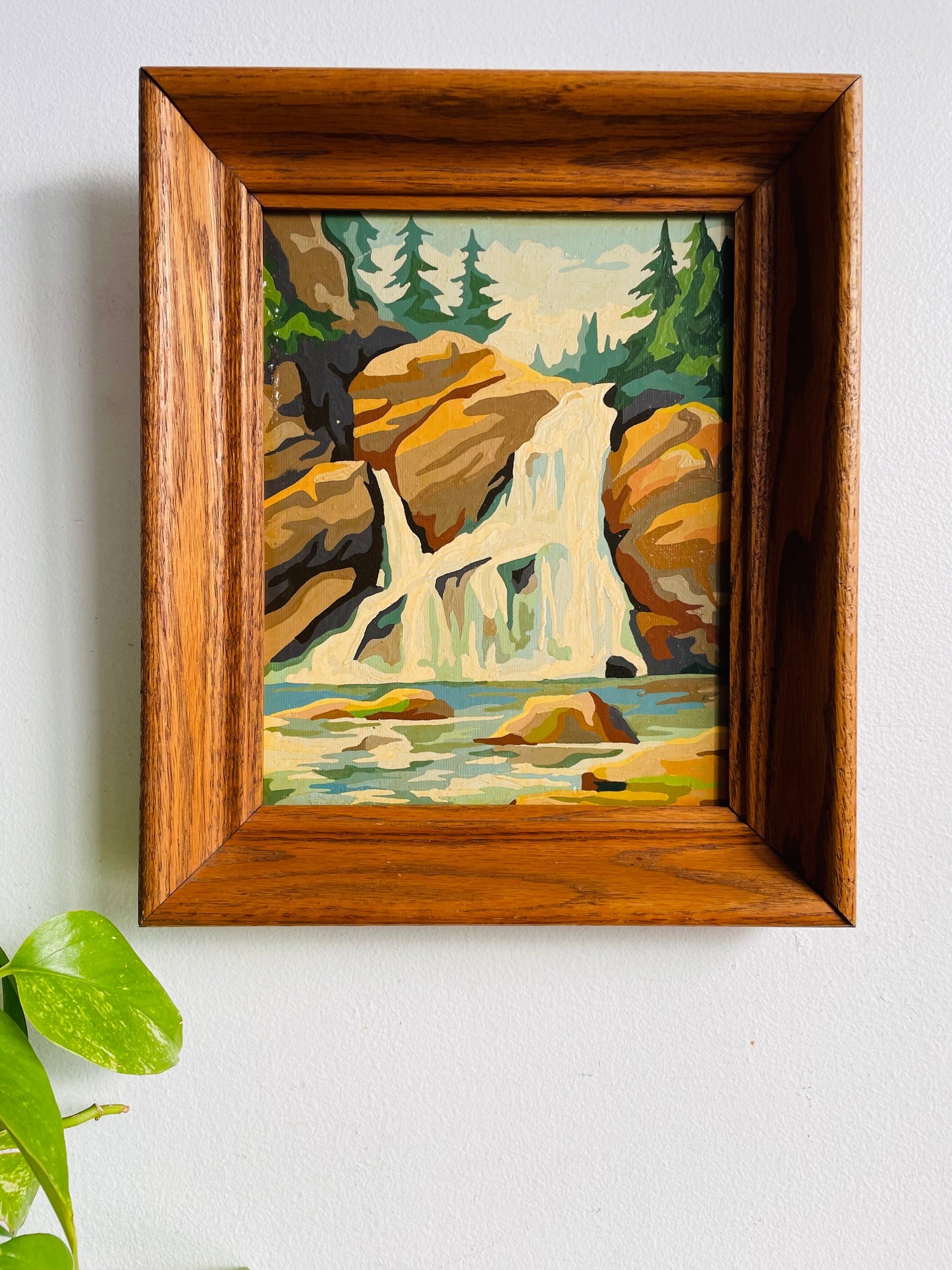 Vintage 1960s Paint by Number (PBN) Picture of Waterfall Forest Scene in Wood Frame
