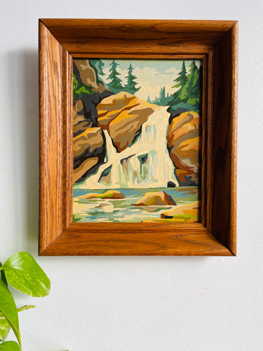 Vintage 1960s Paint by Number (PBN) Picture of Waterfall Forest Scene in Wood Frame