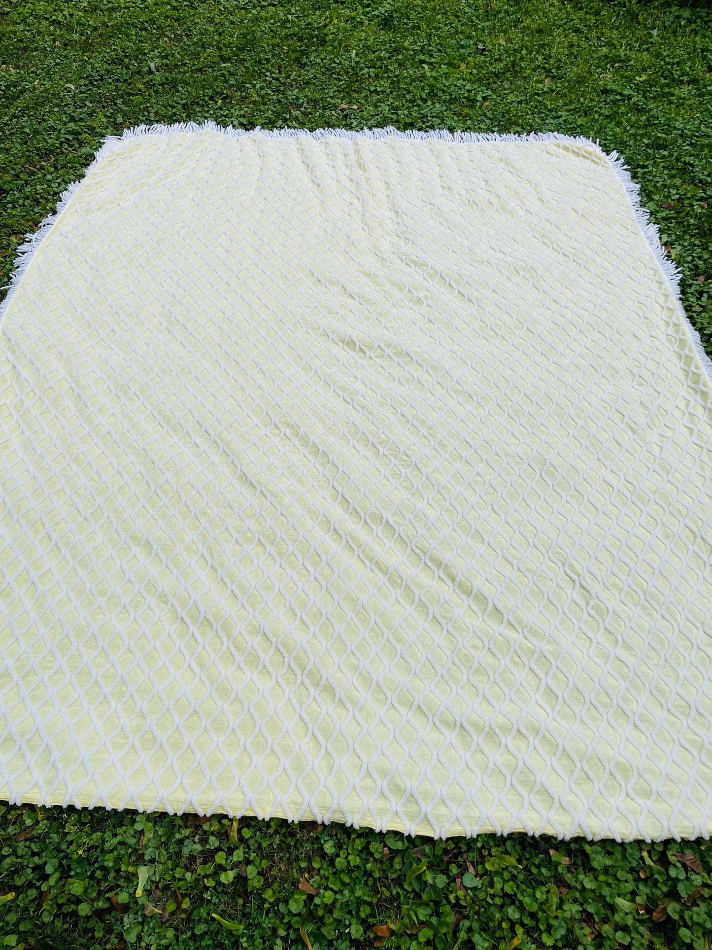 Yellow & White Chenille Bedspread Blanket with Fringe - Made in Canada