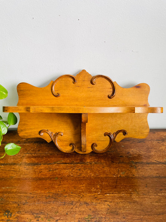 Vintage Solid Oak Wood Wall Hanging Shelf with Raised Scroll Design