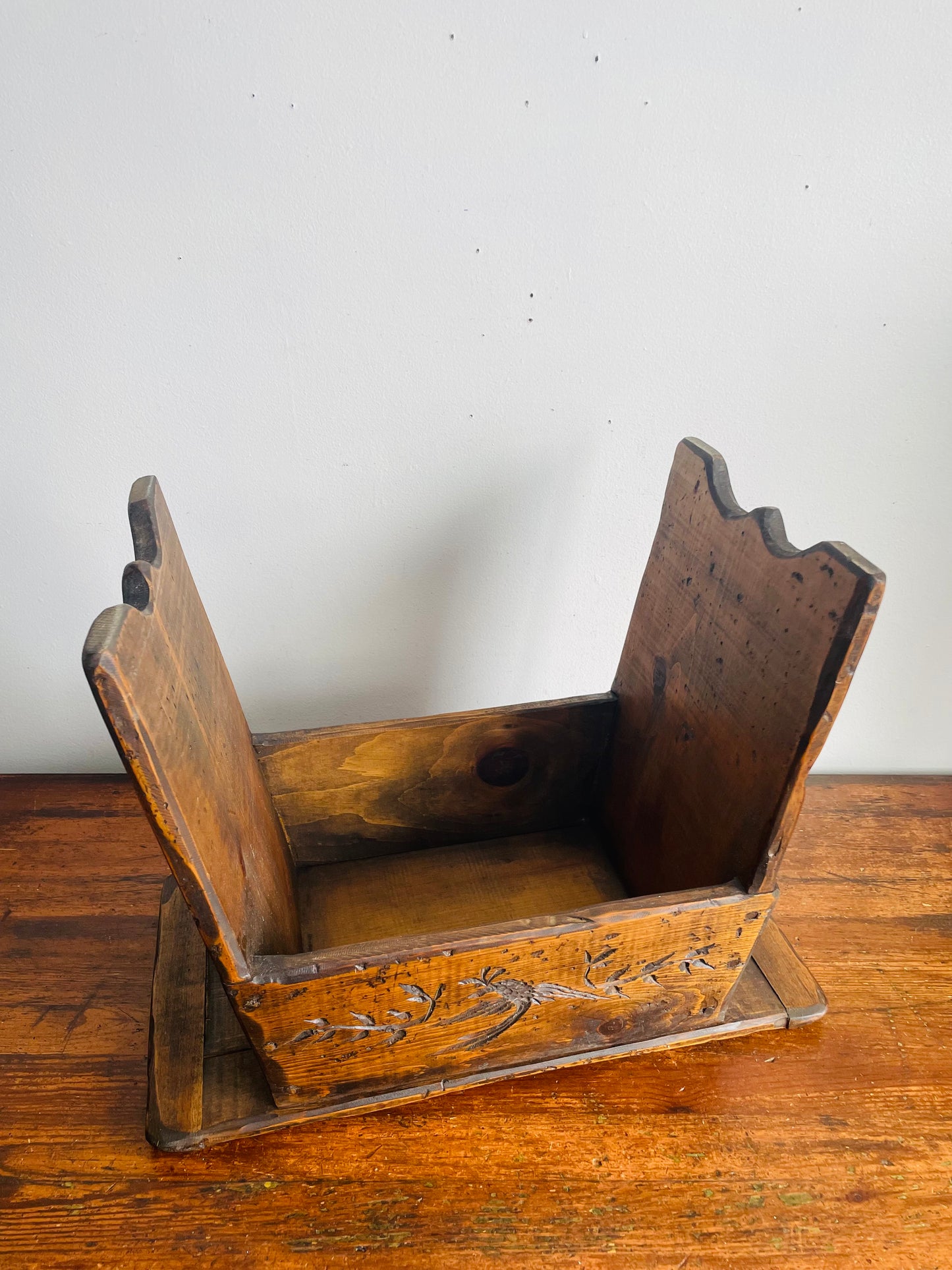 Vintage Wooden Stool Bench or Short Side Table with Carved Bird & Leaf Design - No Shipping