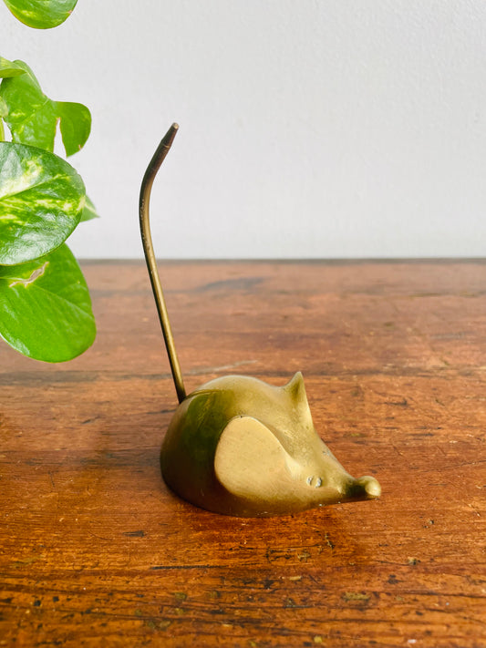 Vintage Solid Brass Mouse Figurine with Long Tail - Receipt / Note Spike or Ring Holder - 4.1” Long Tail / Large Size - Made in Korea