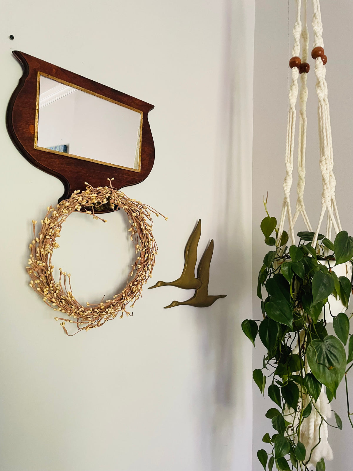 Vintage / Antique Wood Mirror with Gold Trim & Brass Hook for Hanging Items