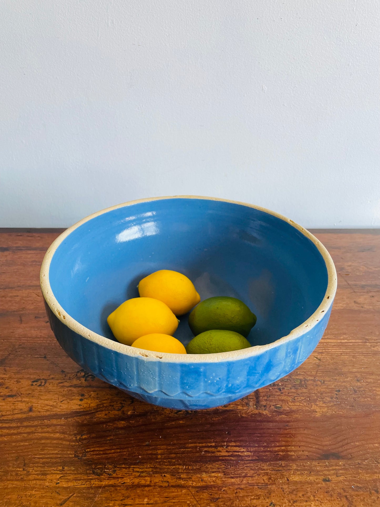 Large Blue Salt Glaze Stoneware Pottery Mixing Bowl with Picket Fence & Inverted Triangle Design