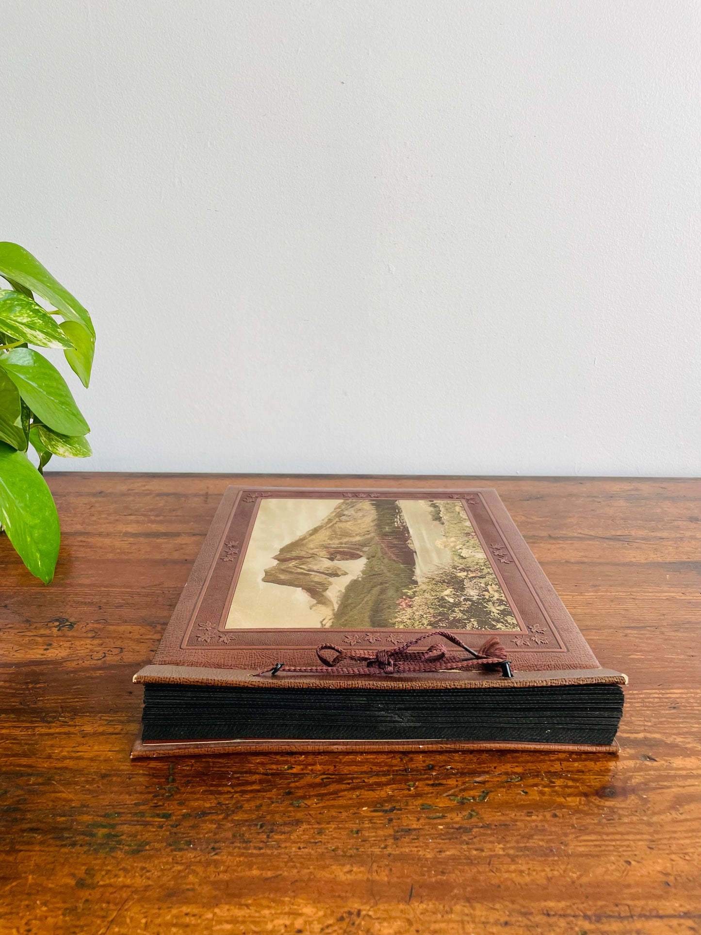 Antique Photo Album or Scrapbook - Brown with Embossed Maple Leaves & Landscape Photo of Mountain with Cabins - Black Pages - Empty