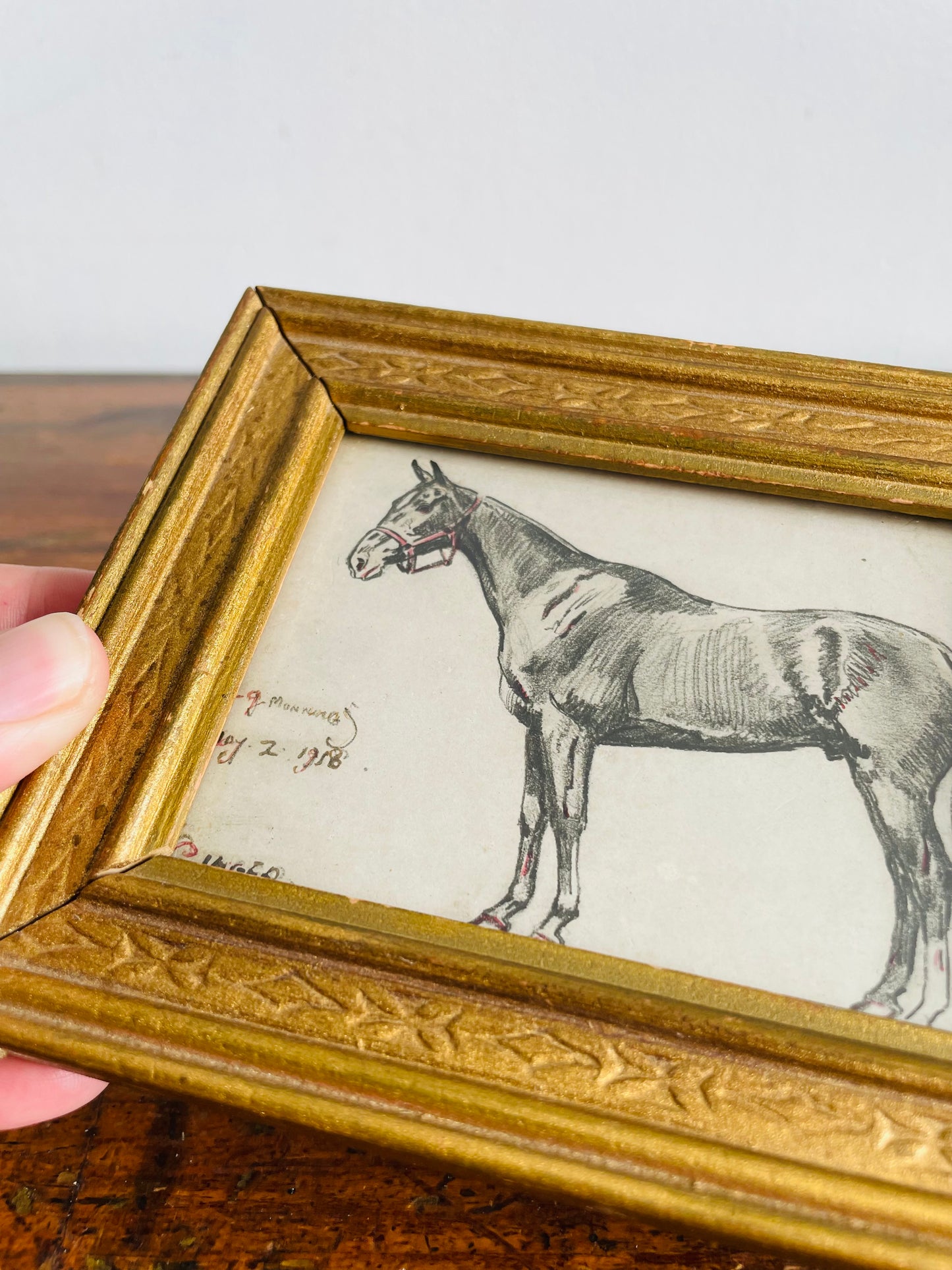 Antique Original Art Miniature Sketch Pencil Drawing Picture in Gold Wood Frame - Artist Signed - Dad's Horse - May 2, 1918