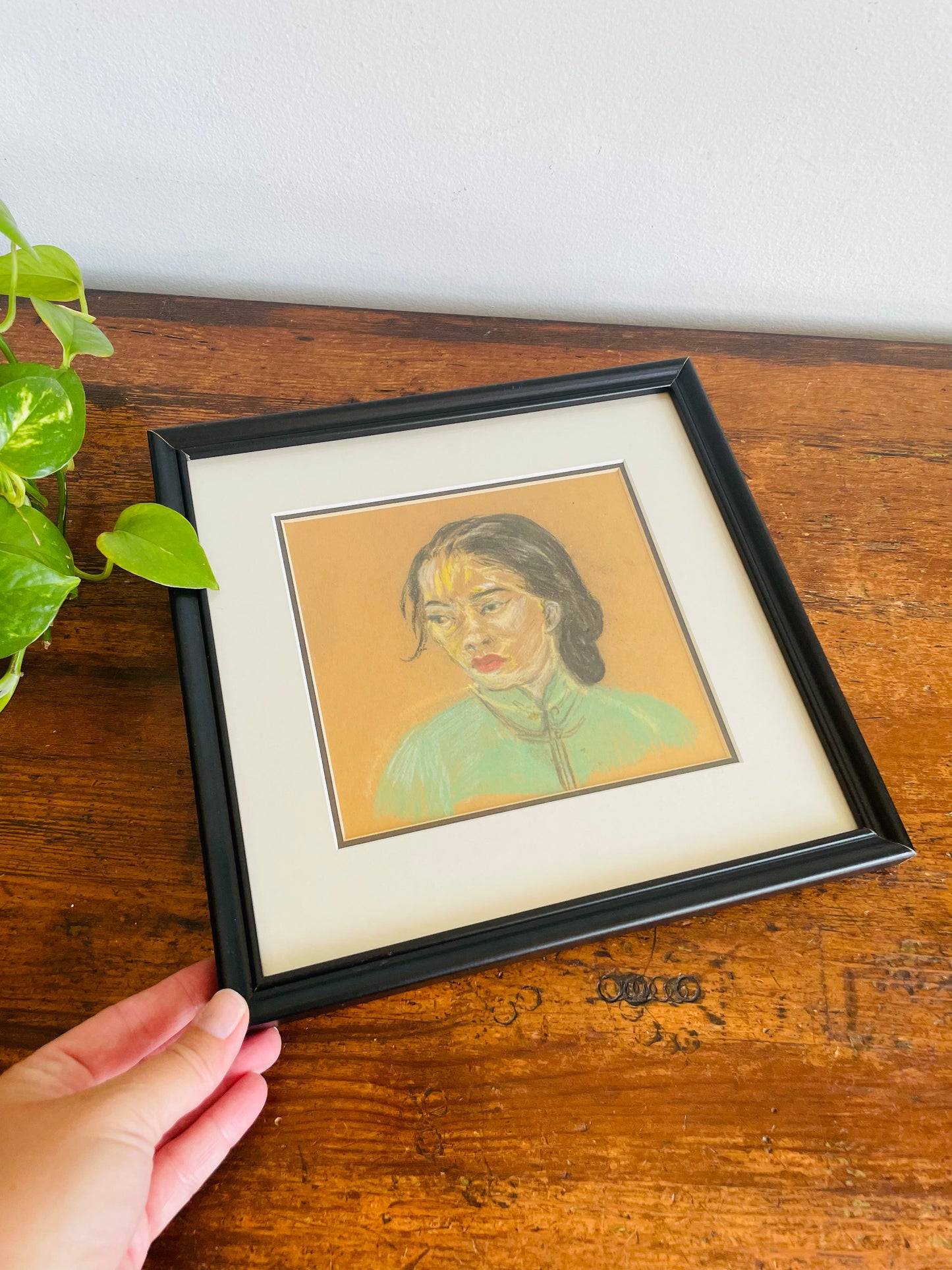 Vintage Original Art Pastel Chalk Portrait Picture of Woman in Turquoise Cheongsam Dress - Purchased from Son of the Artist in Haliburton, ON