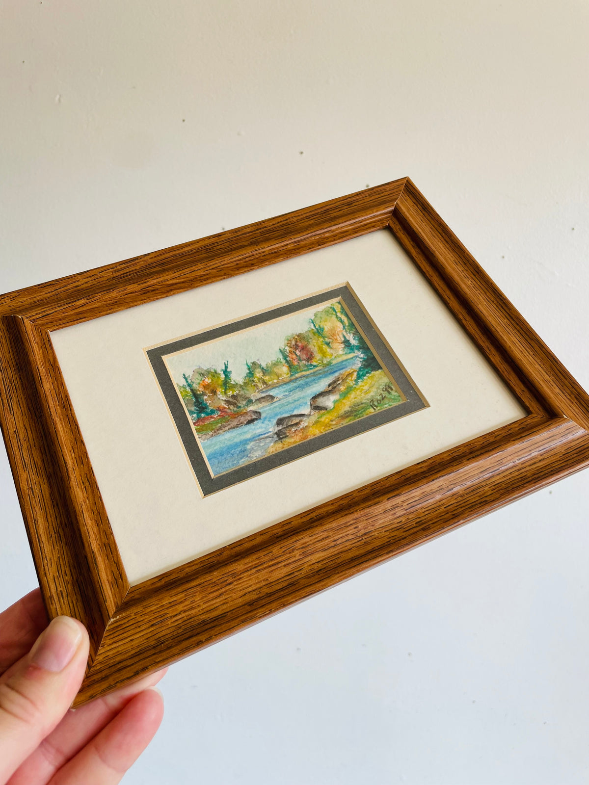 Vintage 1999 Original Art Watercolour Painting of Nature Landscape Scene - River With Forest & Trees - Artist Signed Roz