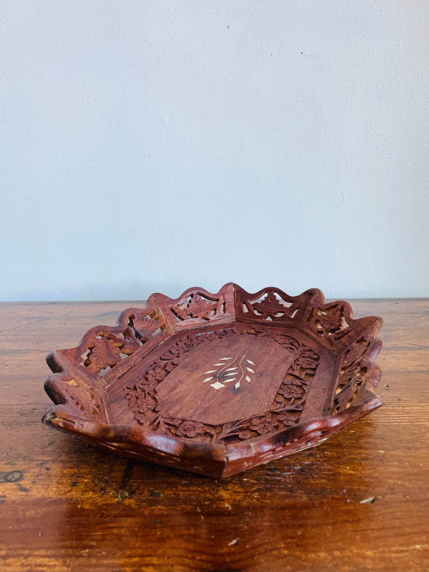 Vintage Carved Indian Rosewood Tray Dish with Inlay Design - Vanity, Bathroom, Jewellery, Candle, Etc.