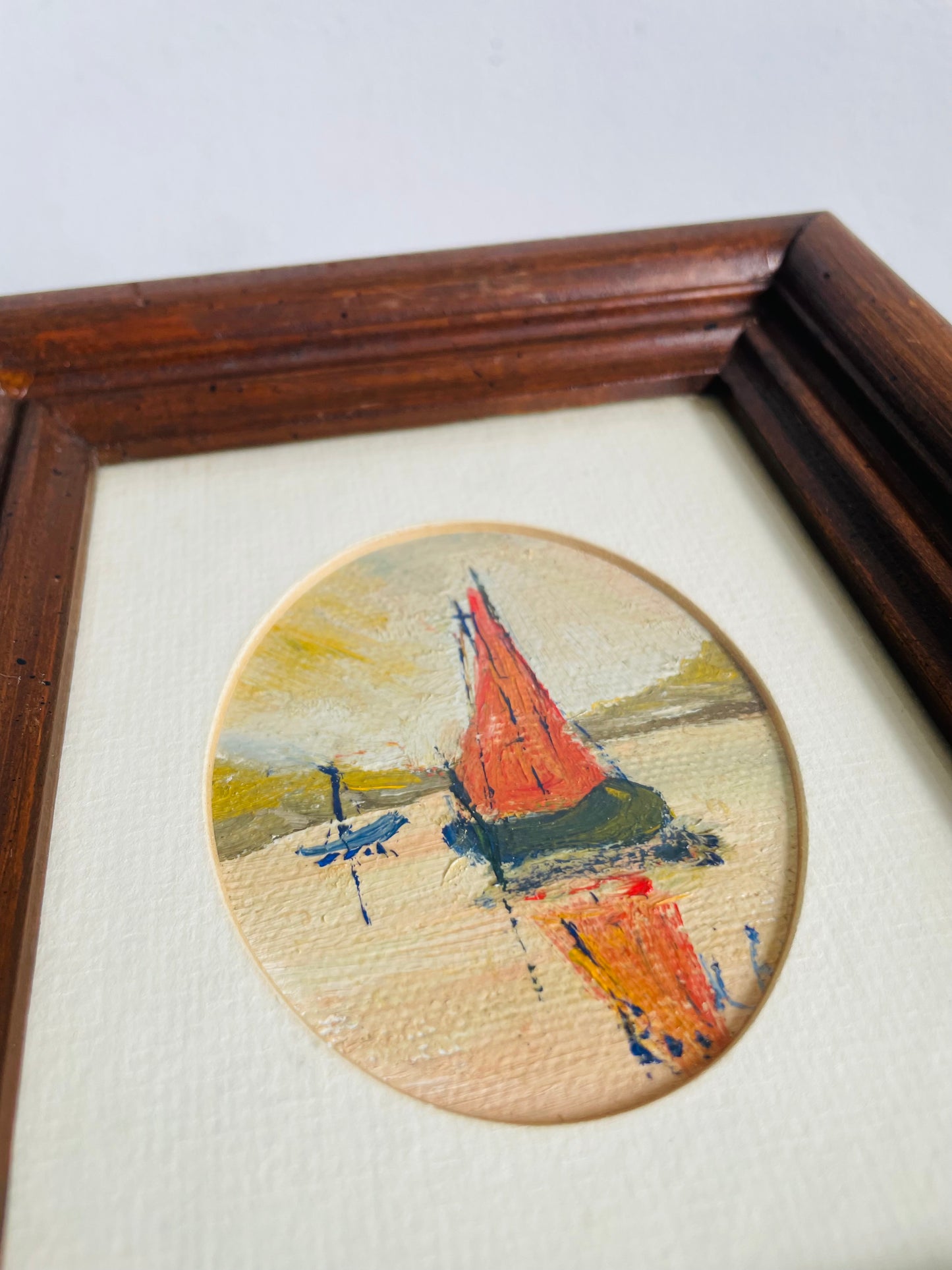 Vintage Original Art Oval Painting Picture of Sailboats on Lake - Painting Found in Venice, Italy