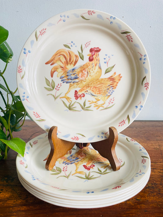 Vintage Discontinued Corelle Country Morning 8.5" Plates with Rooster Chicken & Flower Design - Whimsical Farmhouse - Set of 6