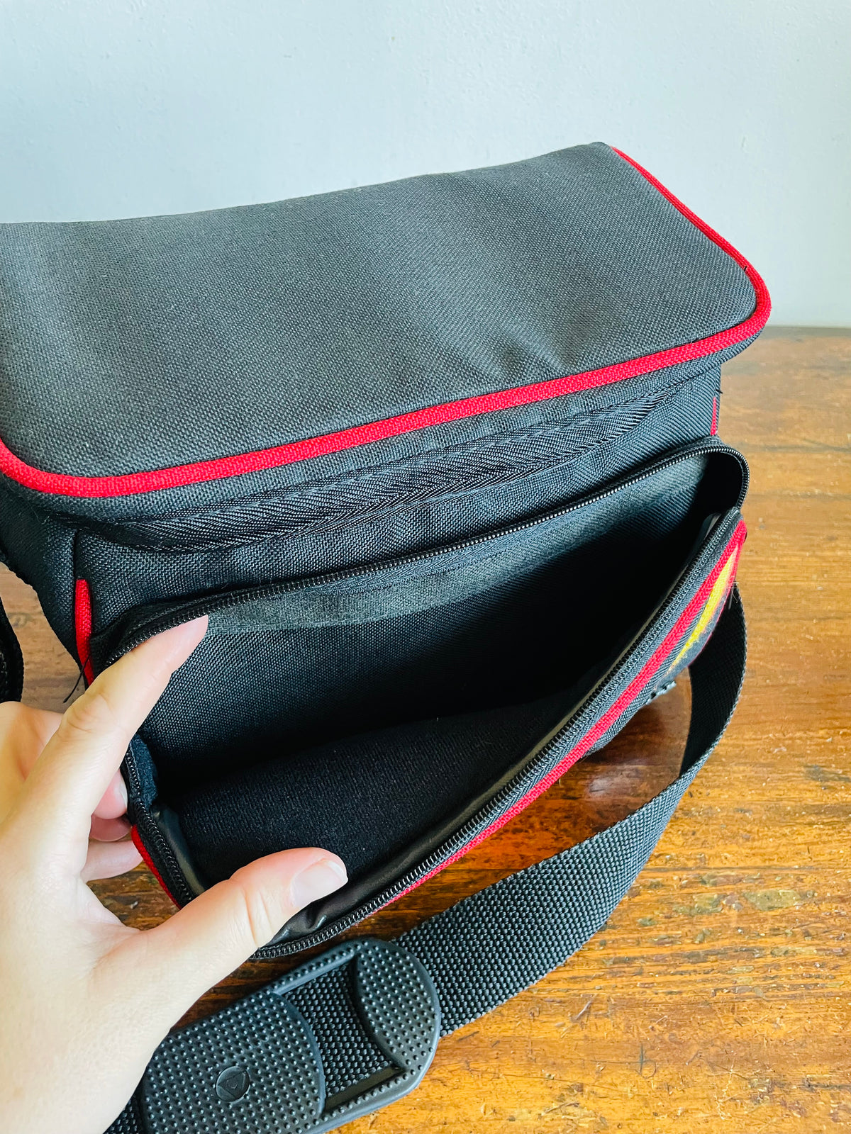 Vintage Black's Photography Camera Shoulder Bag Case with Yellow, Orange & Red Rainbow Stripe Design & Multiple Pockets - Made in Taiwan
