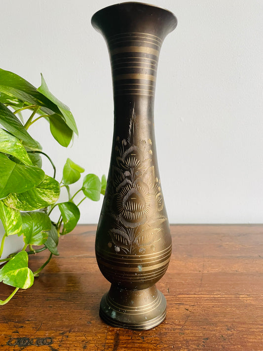 Tall Etched Brass Vase with Floral Design
