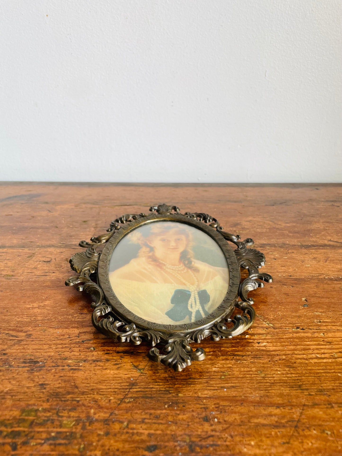 Vintage Oval Ornate Brass Picture Frame with Print of Woman Behind Convex Bubble Glass - Wall Hook for Hanging