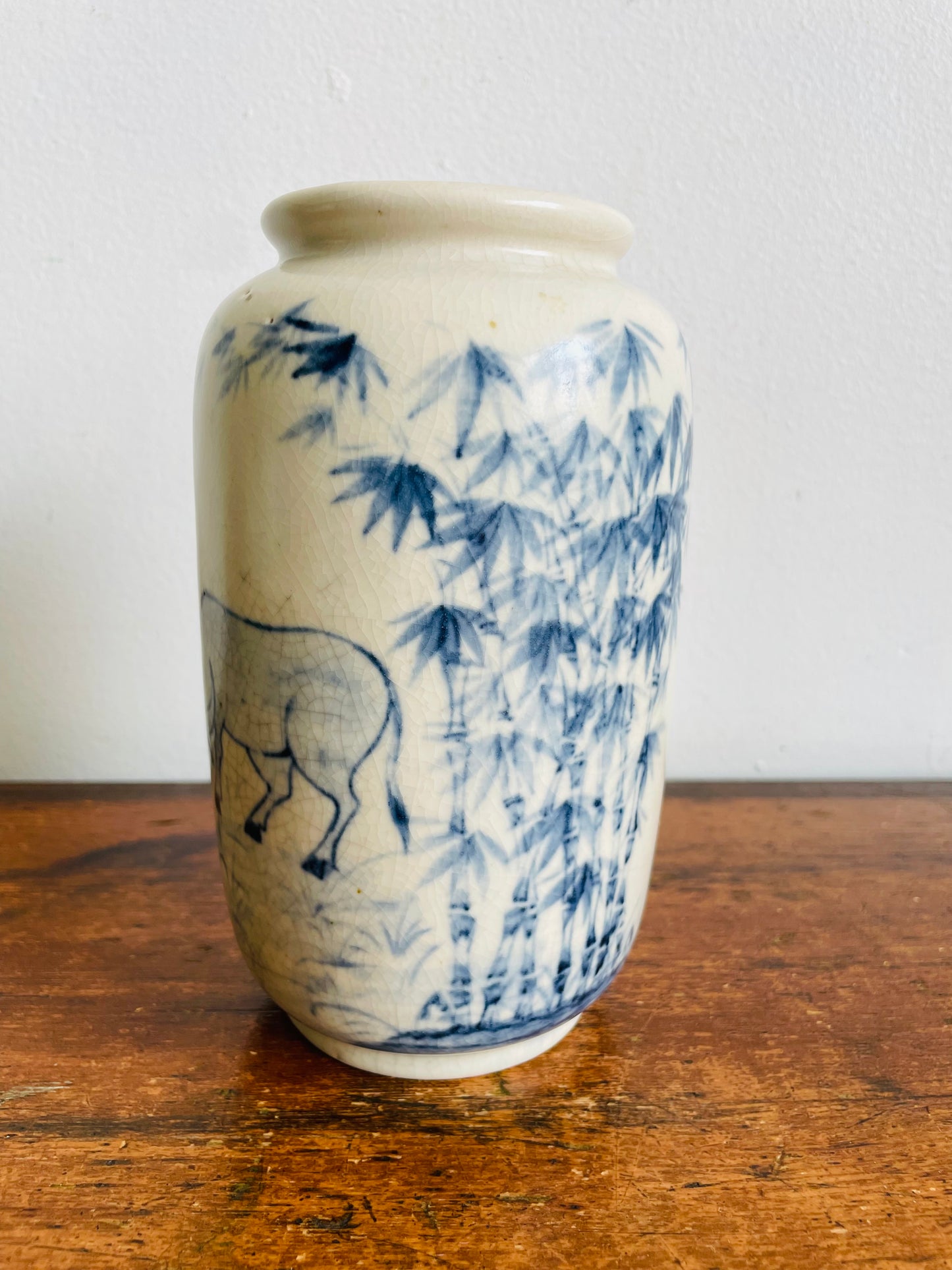 Vintage Hand Painted Blue & White Chinese Vase with Ox, Tiger & Bamboo Design