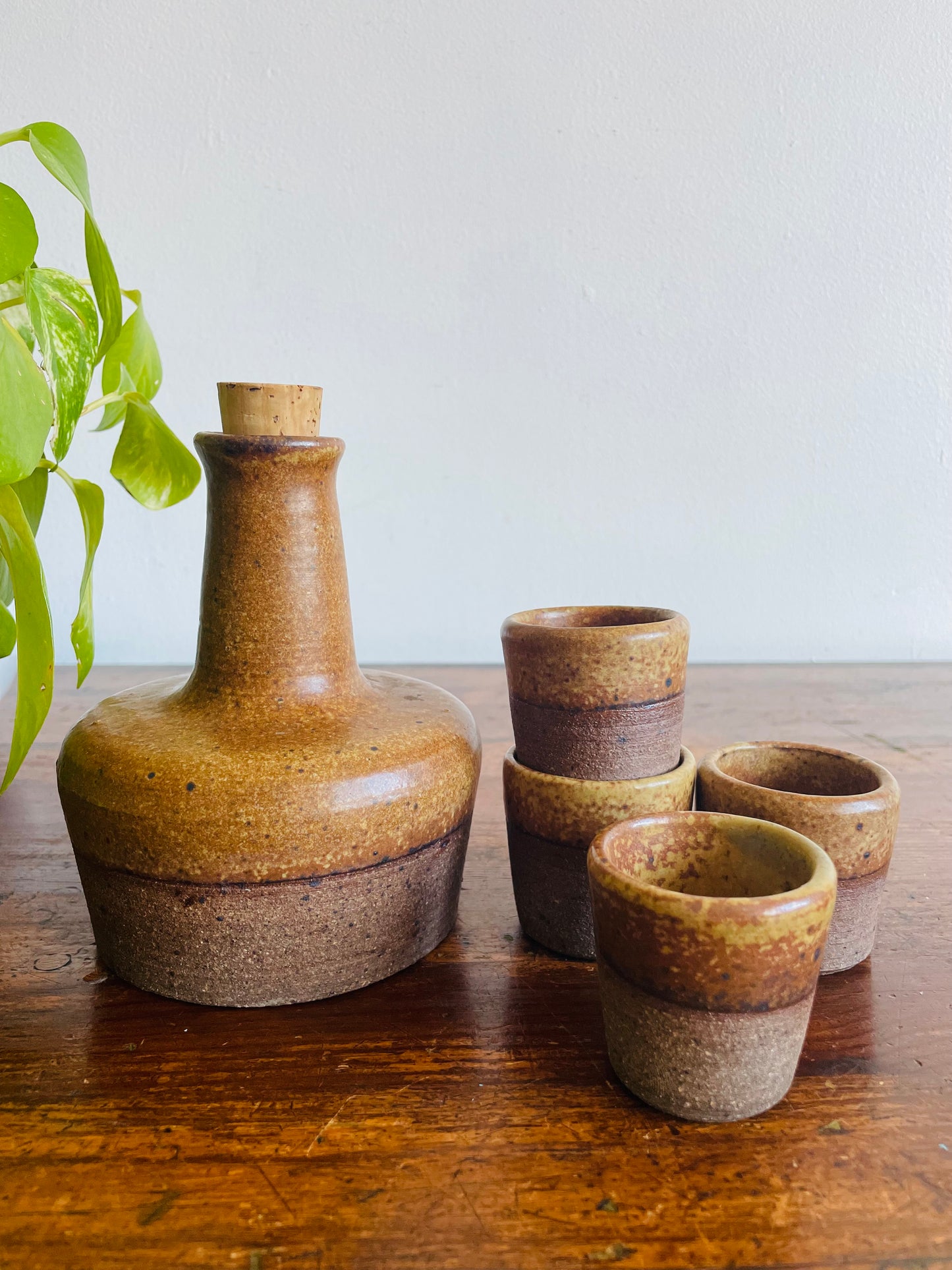 1971 Studio Art Pottery Speckled Brown Stoneware Liquor Decanter Set with 4 Shot Glasses