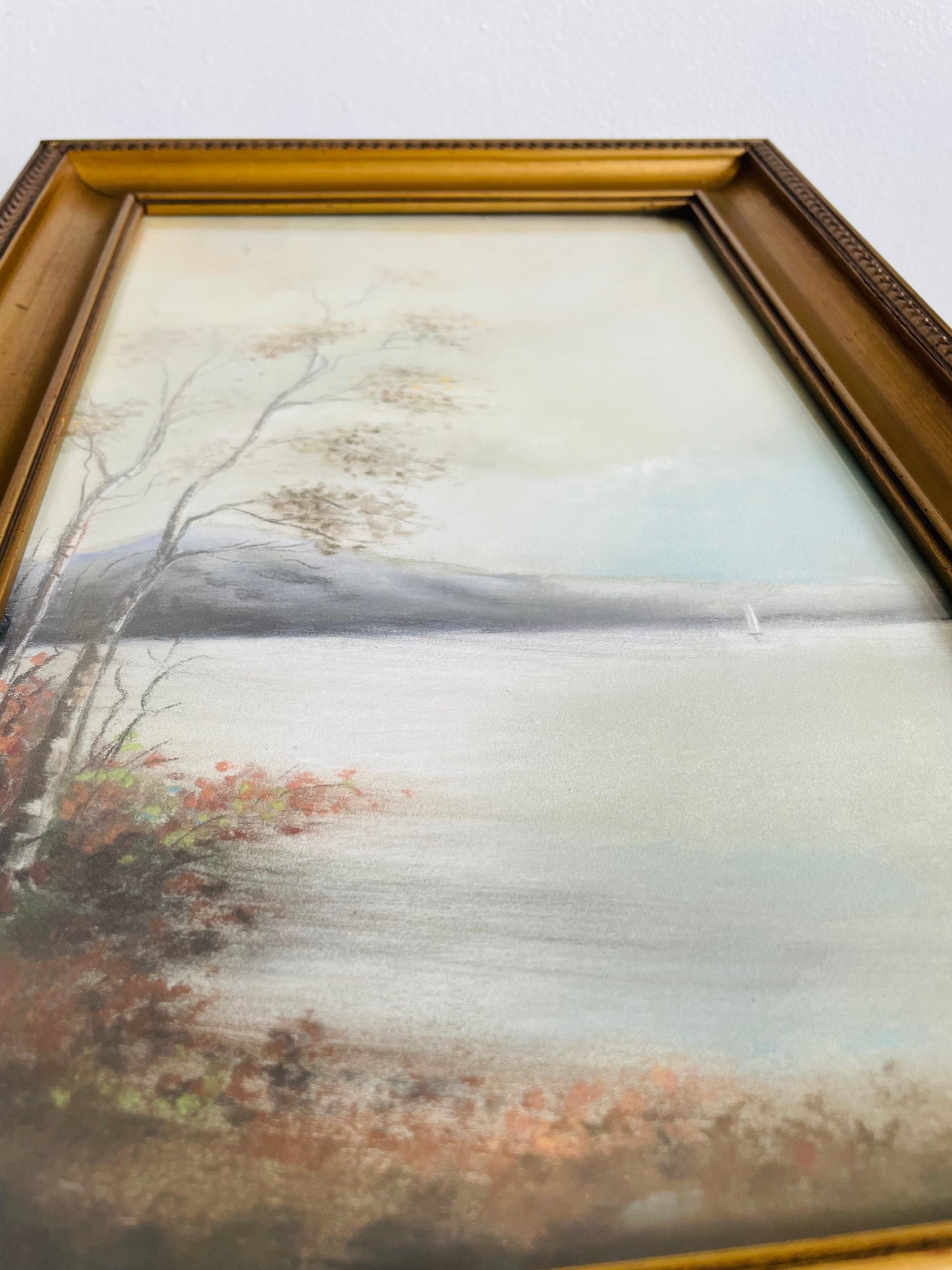 Antique 1922 Original Art Soft Pastel Painting Picture in Gold Frame of Sailboat on Autumn Lake With Mountains - Artist Signed