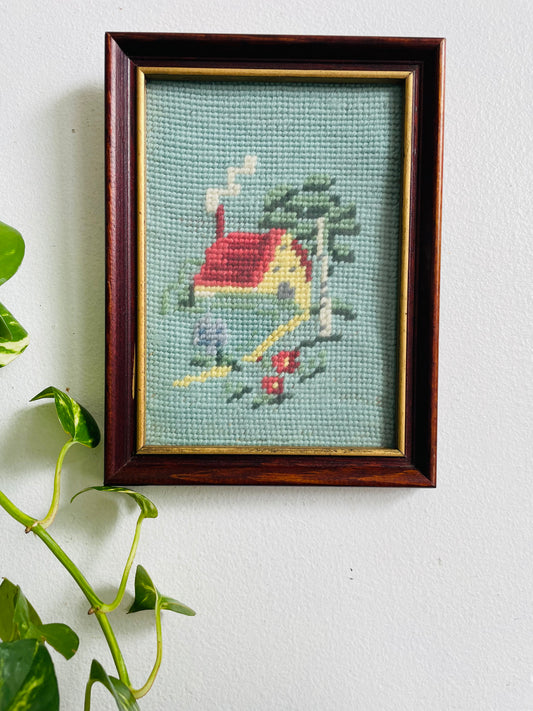 Vintage Cottagecore Style Needlepoint Embroidery Picture of Adorable Yellow House with Smoking Chimney & Garden