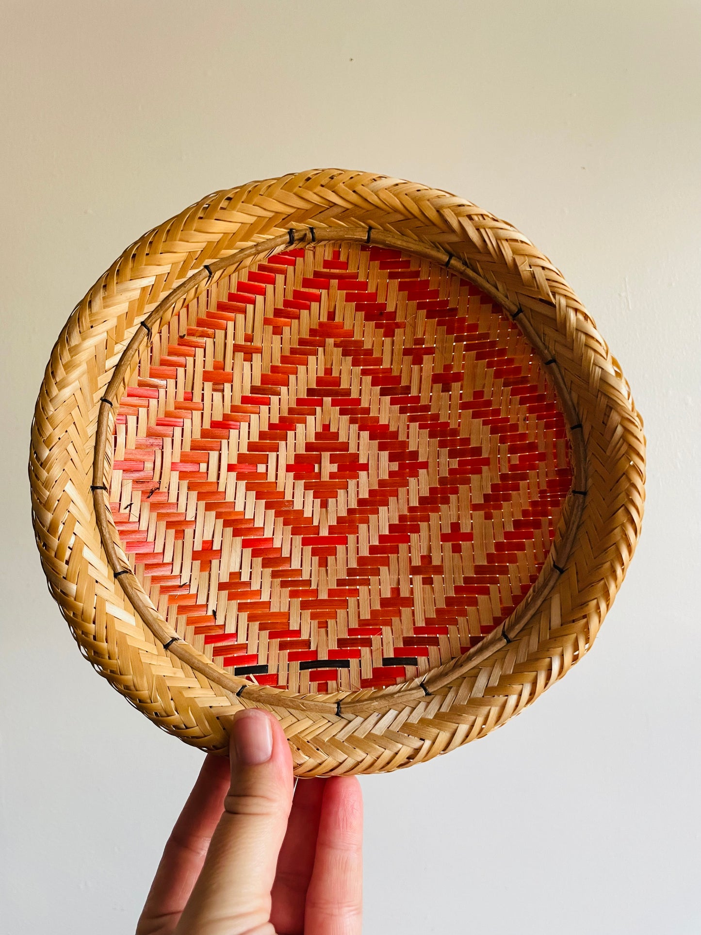 Woven Basket Bowl or Wall Hanging with Orange Design