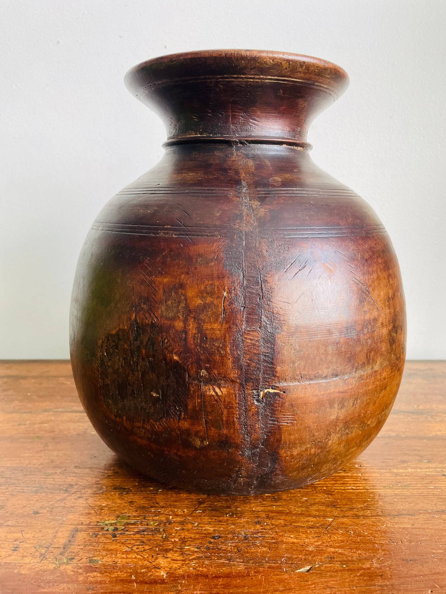 Vintage / Possibly Antique Wood Himachal Pot Vase - Handcrafted & Carved from a Single Piece of Wood - Tribal Northern India - Himachal Pradesh Region - Originally Used to Store Water