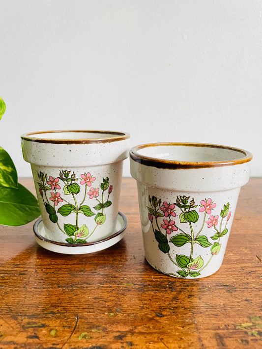Vintage Takahashi Japan Small Speckled 3" Planter Pots with Pink Flower Design - Set of 3 Pieces - 2 Pots / 1 Pot Saucer
