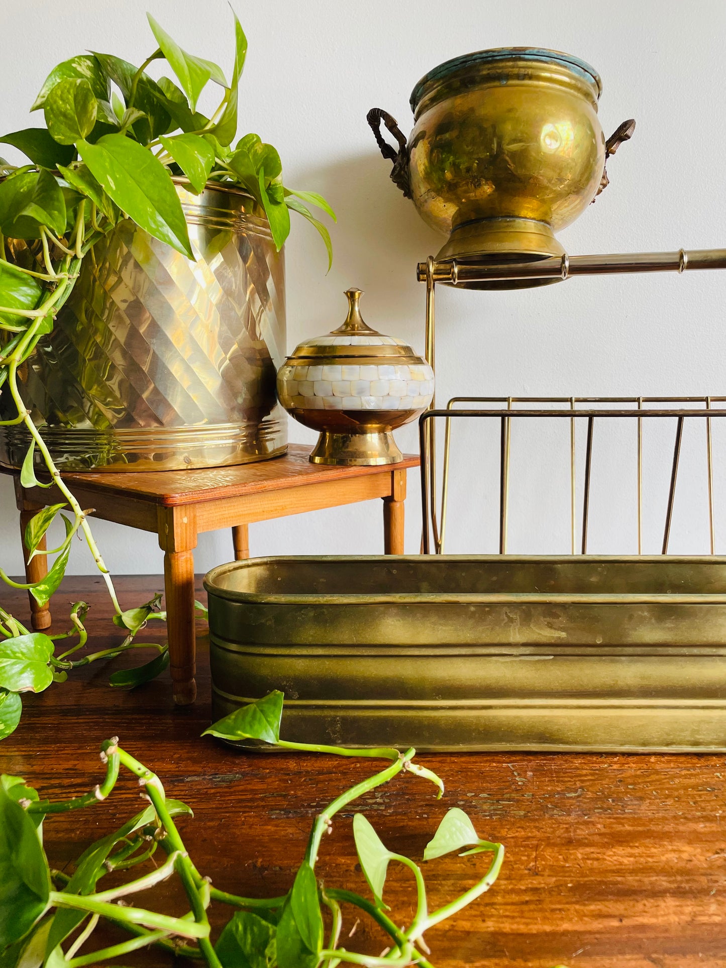 Beautiful Brass Pedestal Bowl with Lid & Inlaid Mother of Pearl Tiles