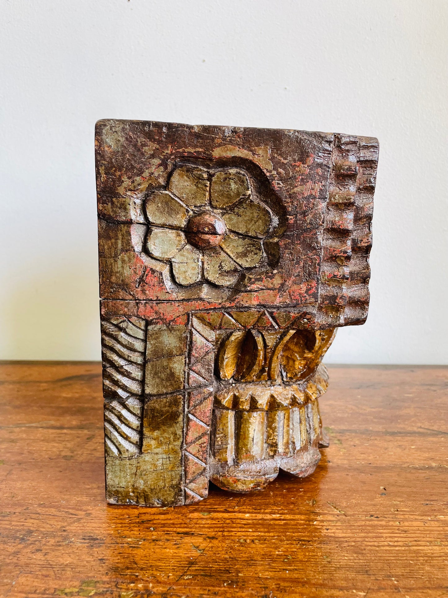 Vintage / Possibly Antique Hand-Carved Indian Architectural Salvage - Solid Wood Heavy Pillar Post from Temple or Home - Has Brackets for Hanging or Can Stand / Has a Candle Holder Spike Carved Out on Top