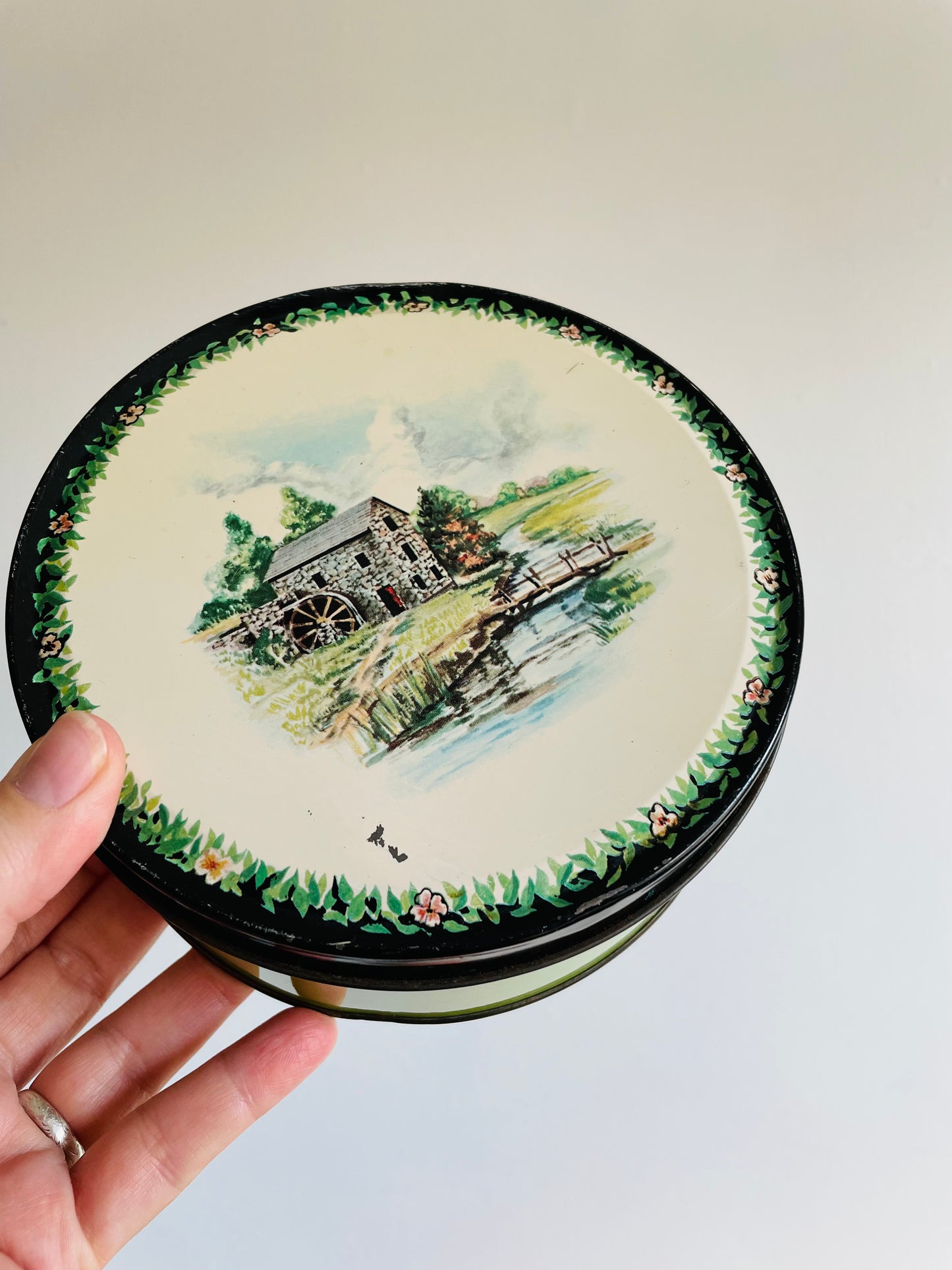 Quaint Country Grist Mill Cottage Scene Round Biscuit Tin with Lid