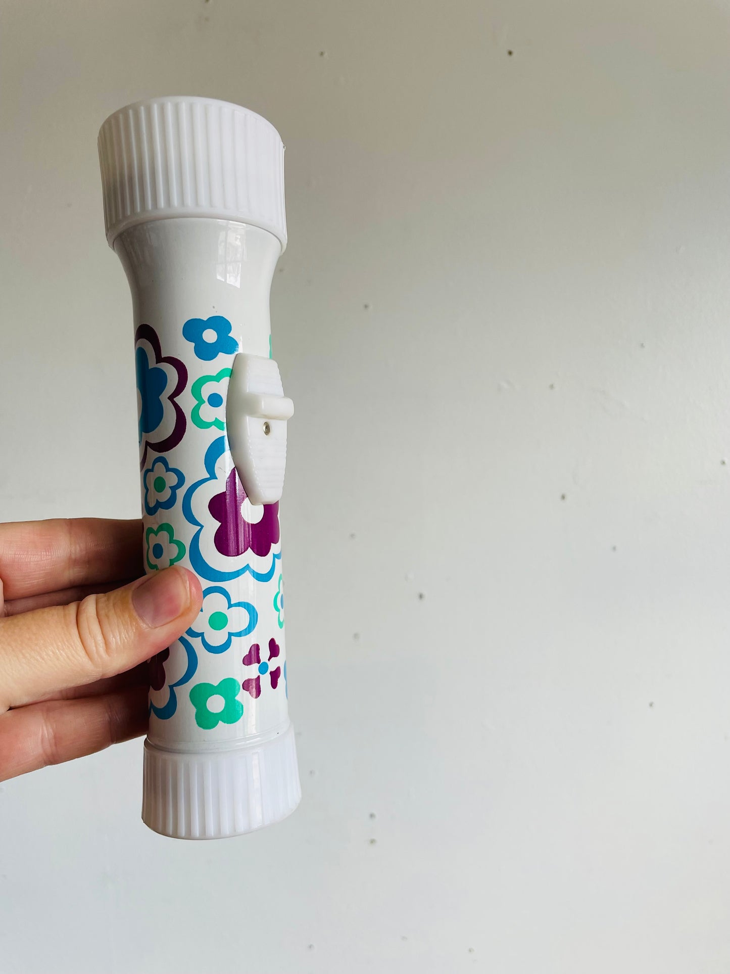 Vintage Rose Brand White Metal Flashlight with Purple, Blue & Green Flower Power Design - Made in Hong Kong - Tested / Works!