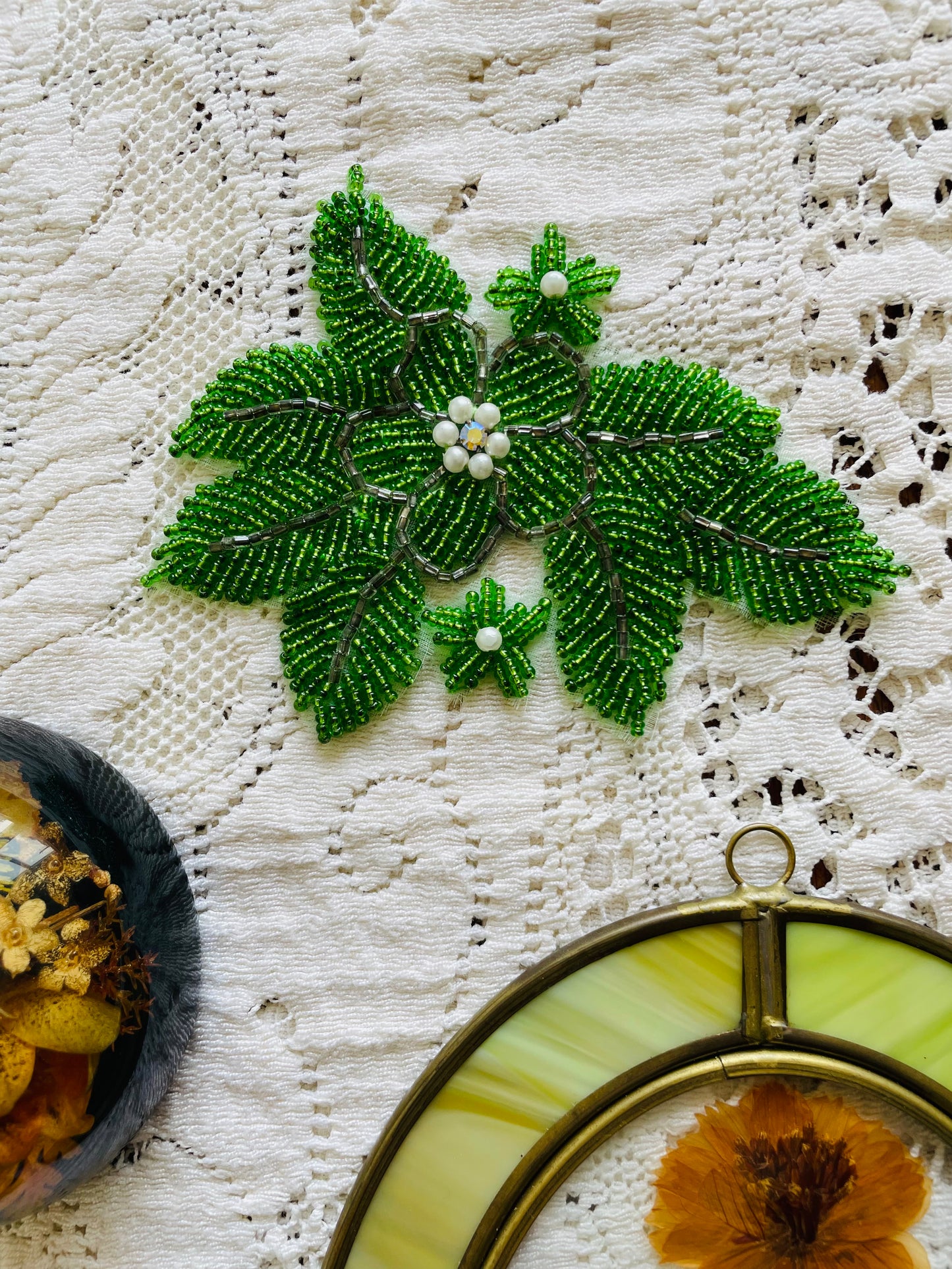 Handmade Green Flower Beaded Appliqué Patch