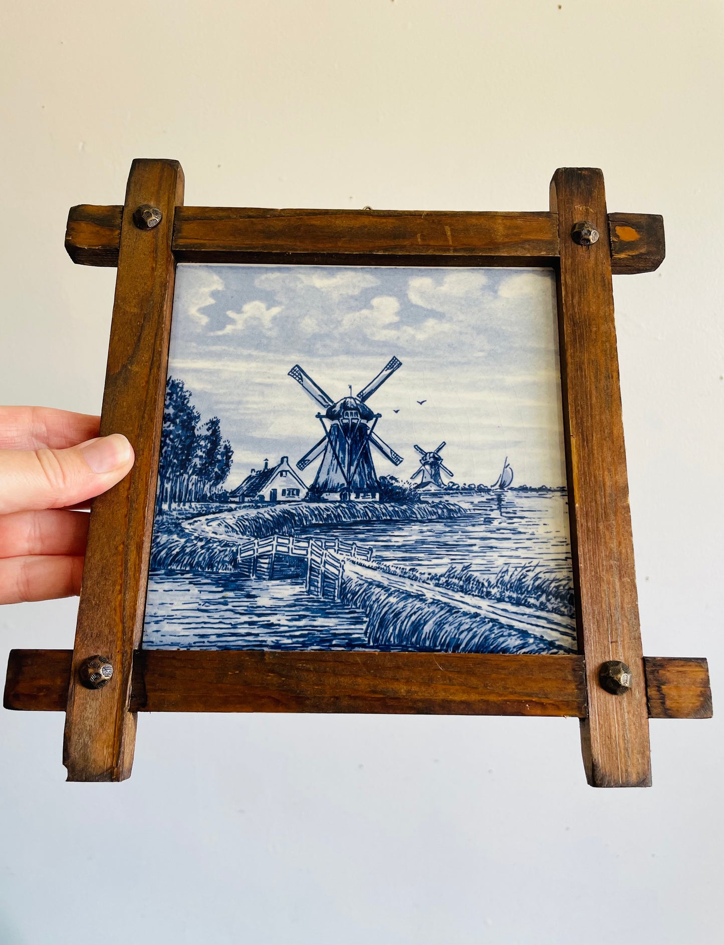 Vintage Delft Blue Hand-Painted Dutch Windmill Scene Wall Hanging Tile in Wood Frame - Made in Holland