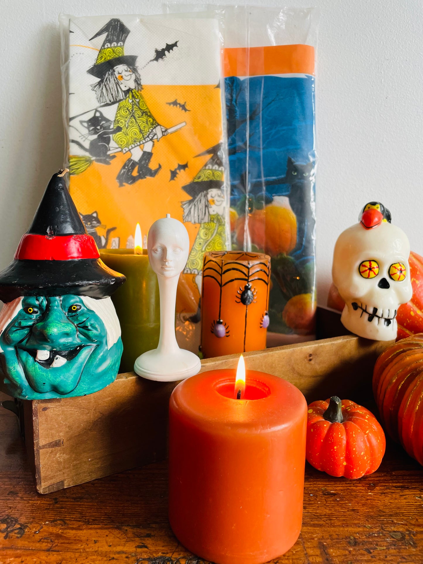 Orange Halloween Candle with Spiders, Web & Jack-o-Lanterns