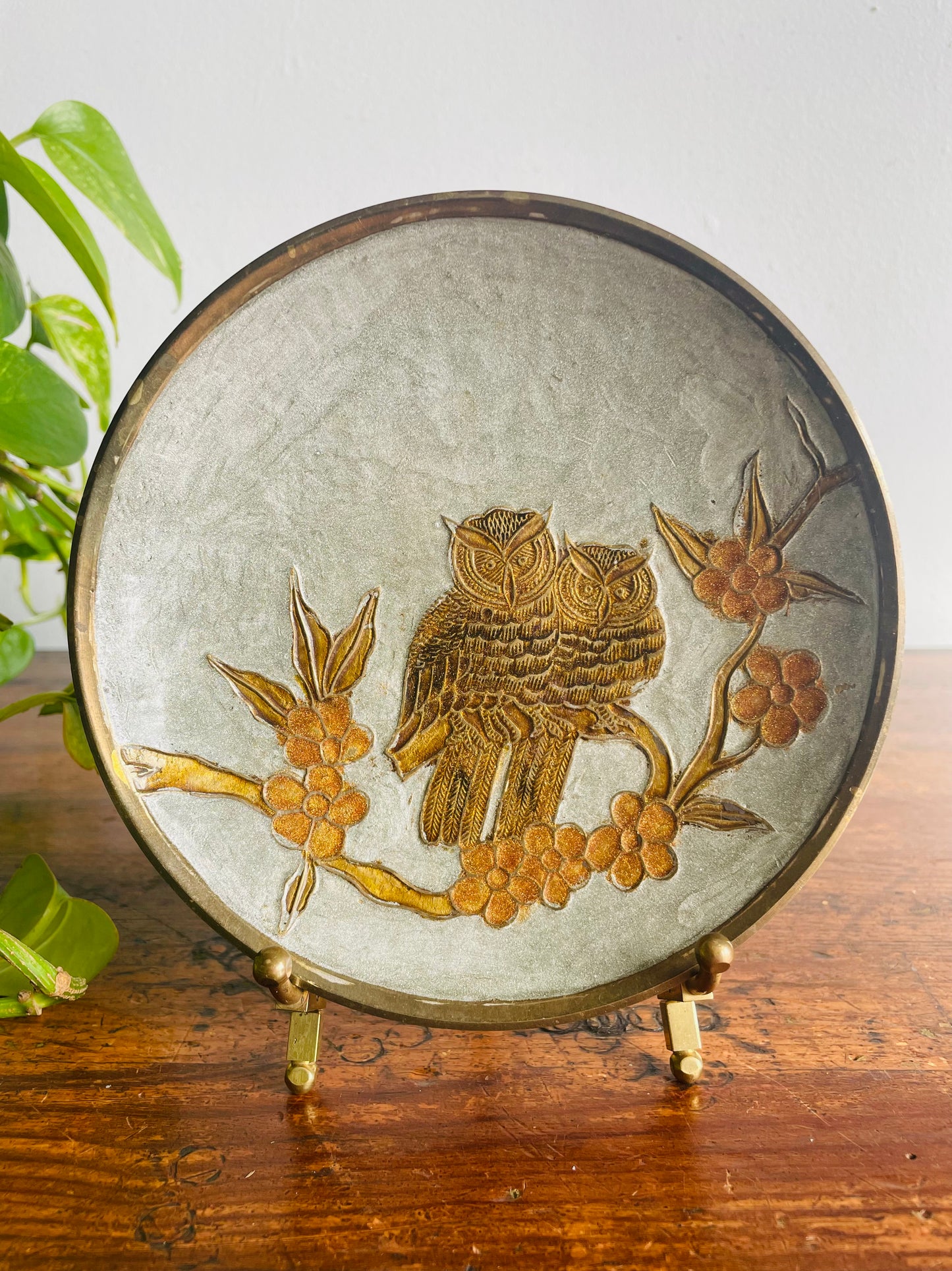 Vintage Enamelled Brass Footed Pedestal Bowl Dish with Pair of Owls Perched on Cherry Blossom Tree Branch Design