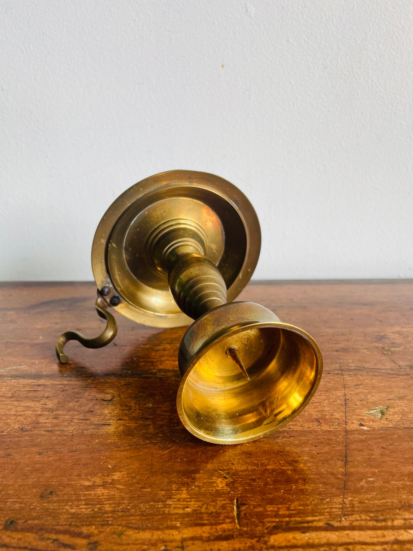 Vintage H Solid Brass Handmade Chamberstick Candle Holder with Spike - Can Hold Thicker Tapers - Made in India