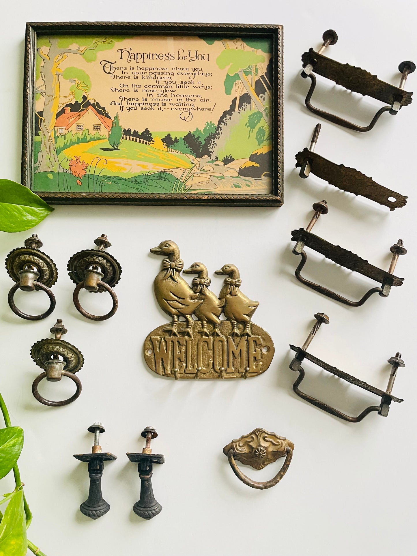 Antique Black Painted Brass Drawer Pull Handles - Set of 2 - As Found