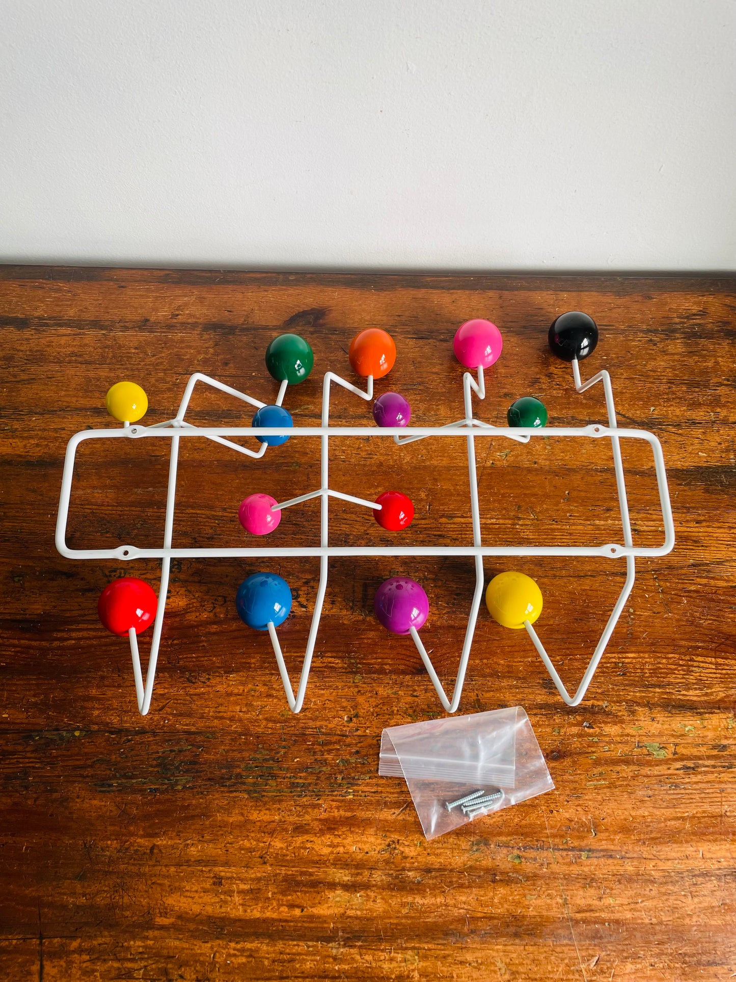 Vintage-Inspired Metal Hang It All Wall Hook Rack - Herman Miller Eames Style Replica Reproduction - Brightly Coloured Gumball Hooks