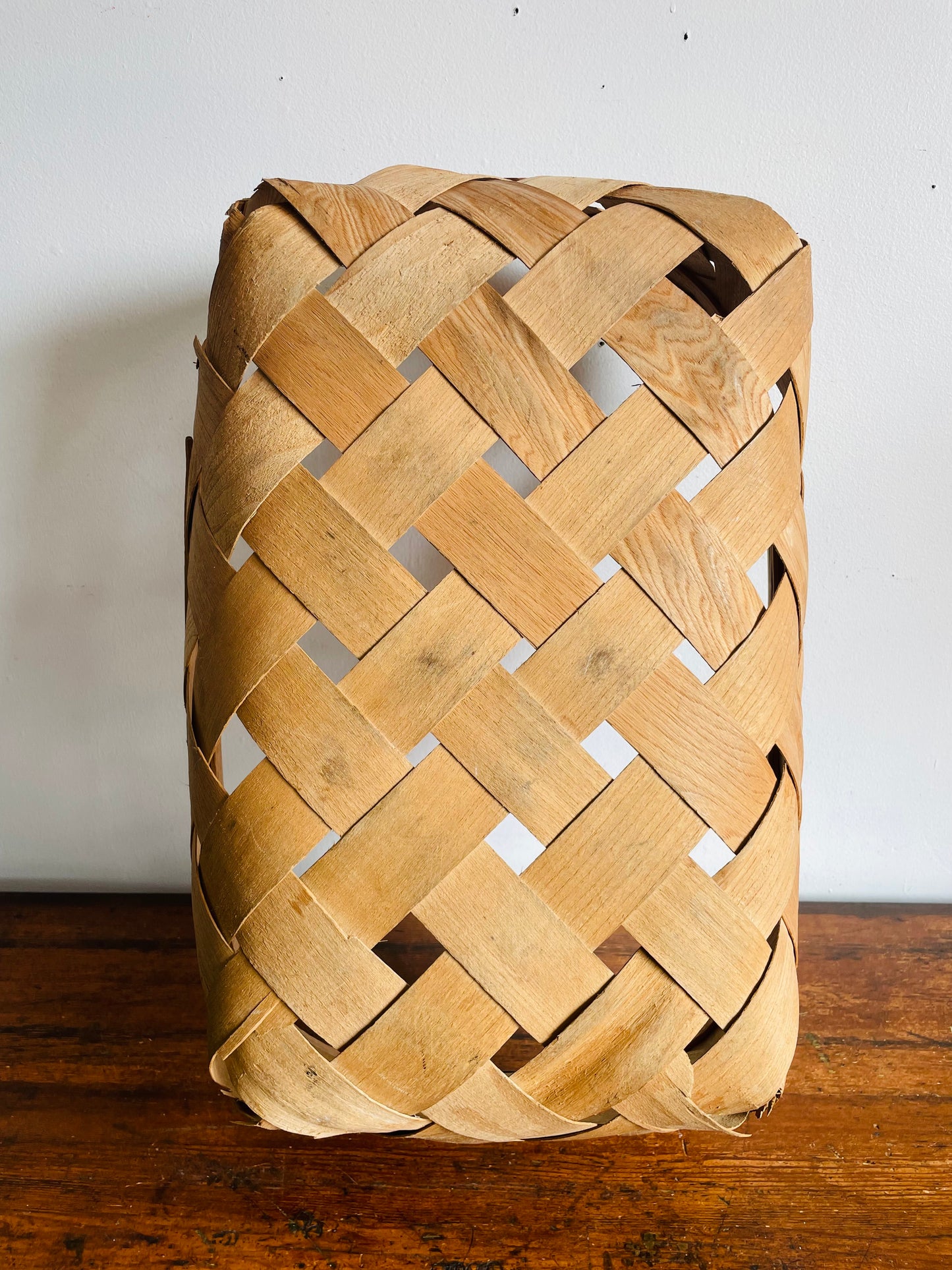 Vintage Oval Woven Wood Wide Slat Basket with Metal Handles - Great Storage & Can Hang Too!