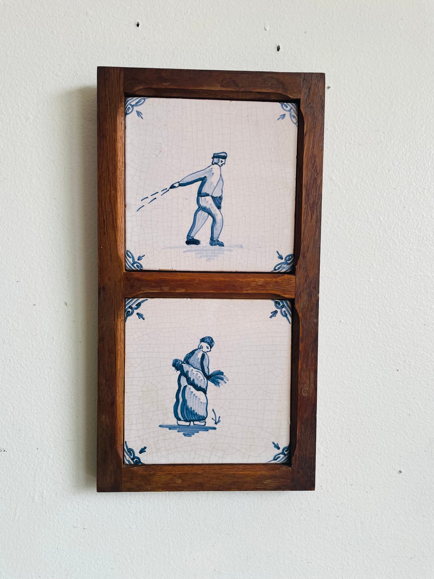 Vintage Framed in Wood Dutch Tiles with Blue & White Farming / Farmer Scenes