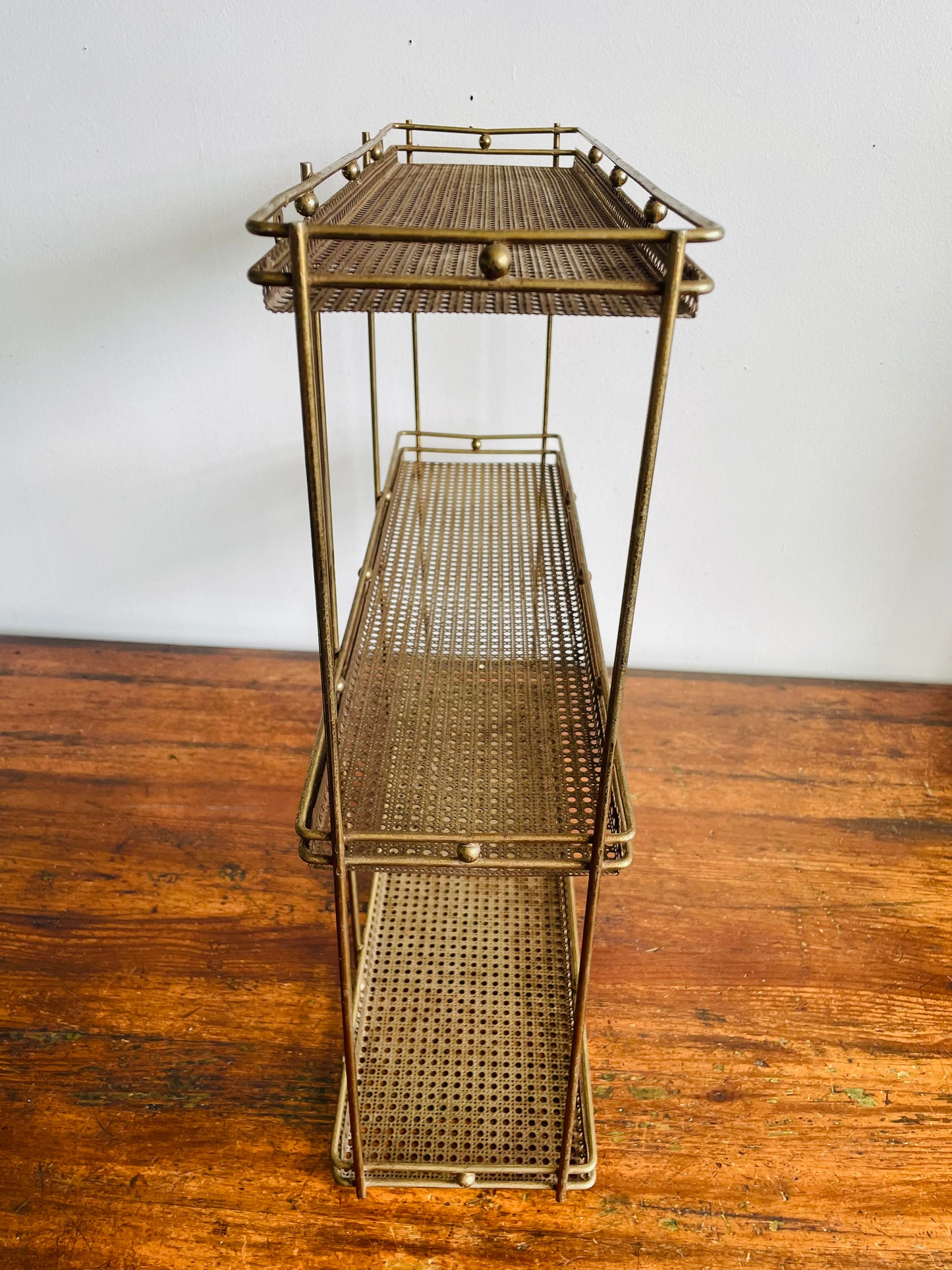 Vintage Gold Toned Metal & Brass Wall Hanging Shelf with Openwork Grill Design & Raised Edges - 3 Shelves- No Shipping