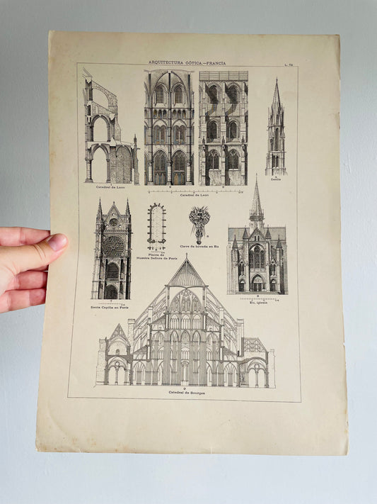 Gothic Architecture of France Page Print from Book # 2 - Found in Lisbon, Portugal