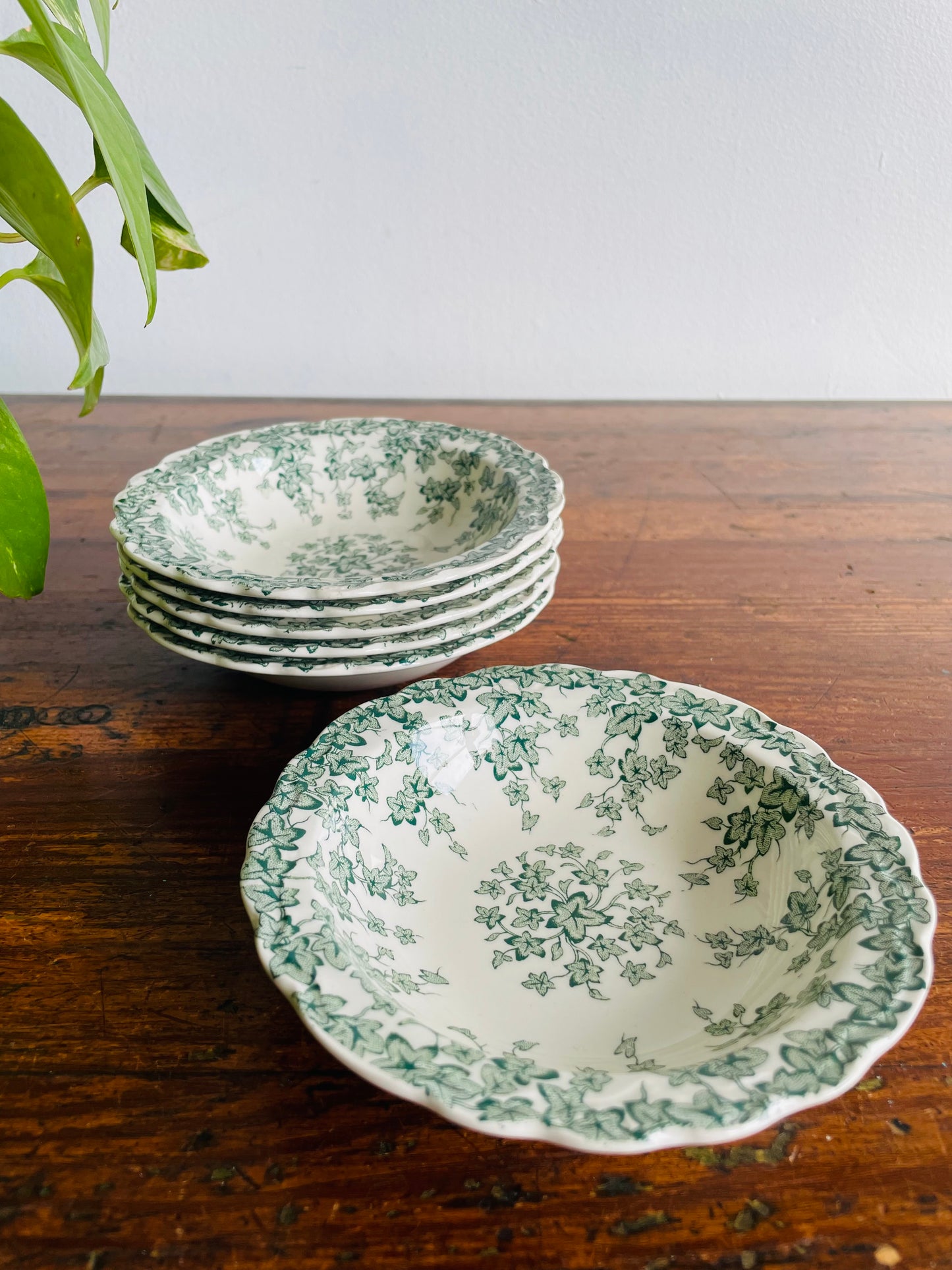 Crown Ducal England Small Fruit, Dessert or Sauce Bowls - Adaptation of Early English Ivy Green Pattern - Set of 6