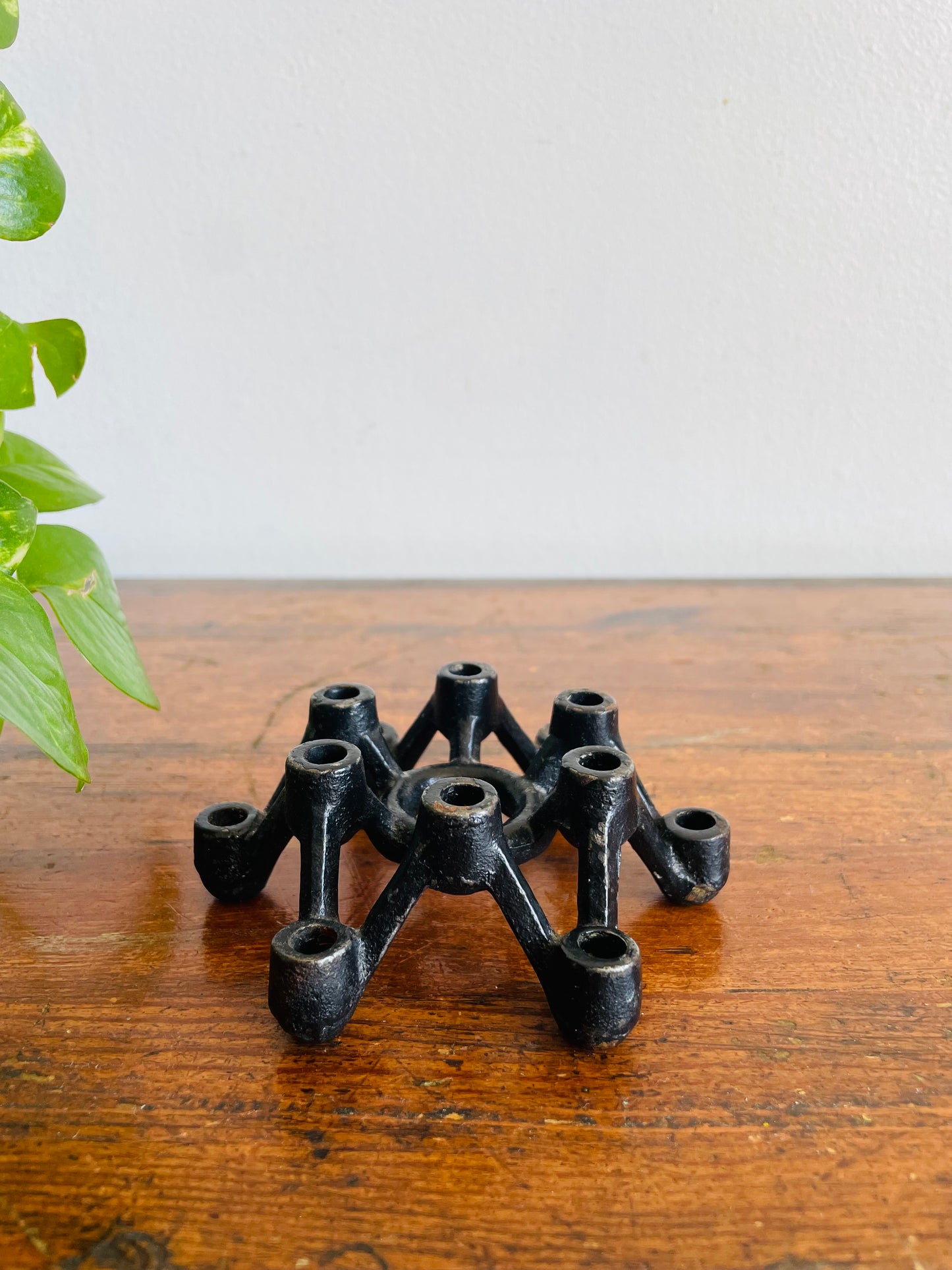 Vintage Mid-Century Modern Black Cast Iron Spider Atomic Starburst Candle Holder for 12 Slim Tapers - Made in Japan
