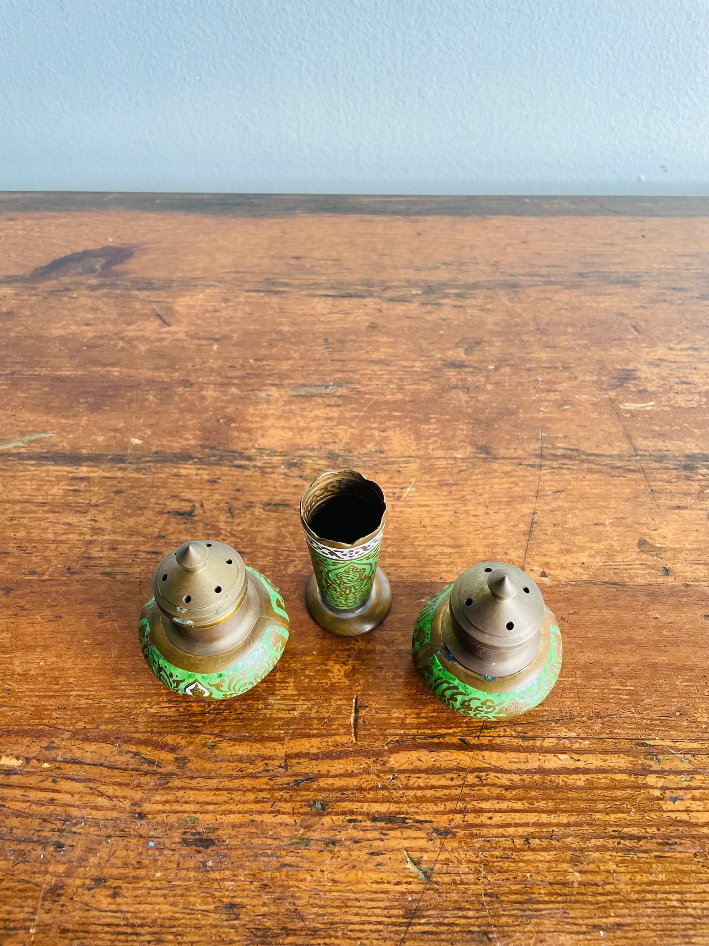 Brass & Enamel Table Set - Salt Shaker, Pepper Shaker, Toothpick Holder & Tray - Set of 4 Pieces