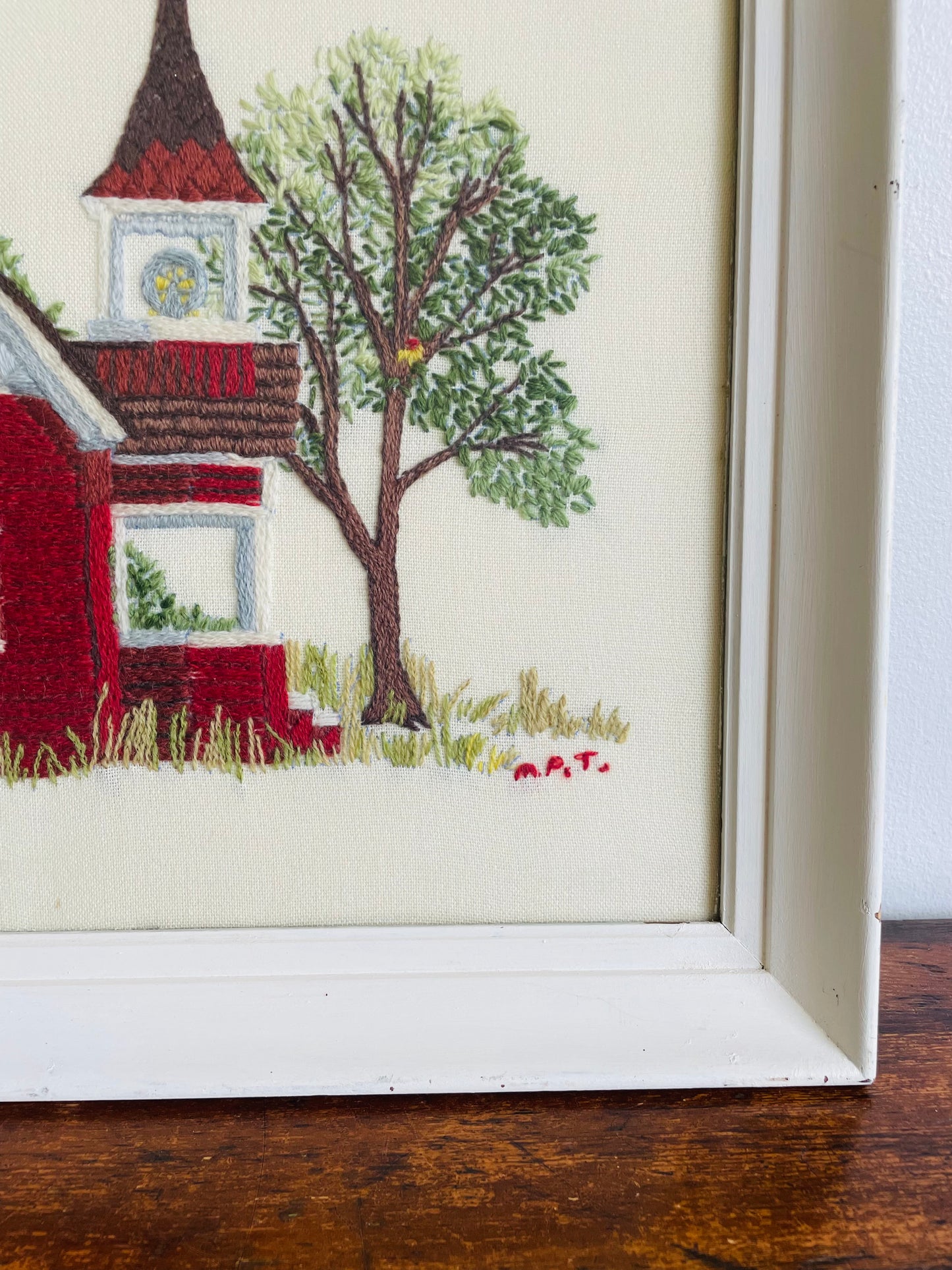 Absolutely Adorable Framed Crewel Needlepoint Embroidery Picture of Red One Room Schoolhouse