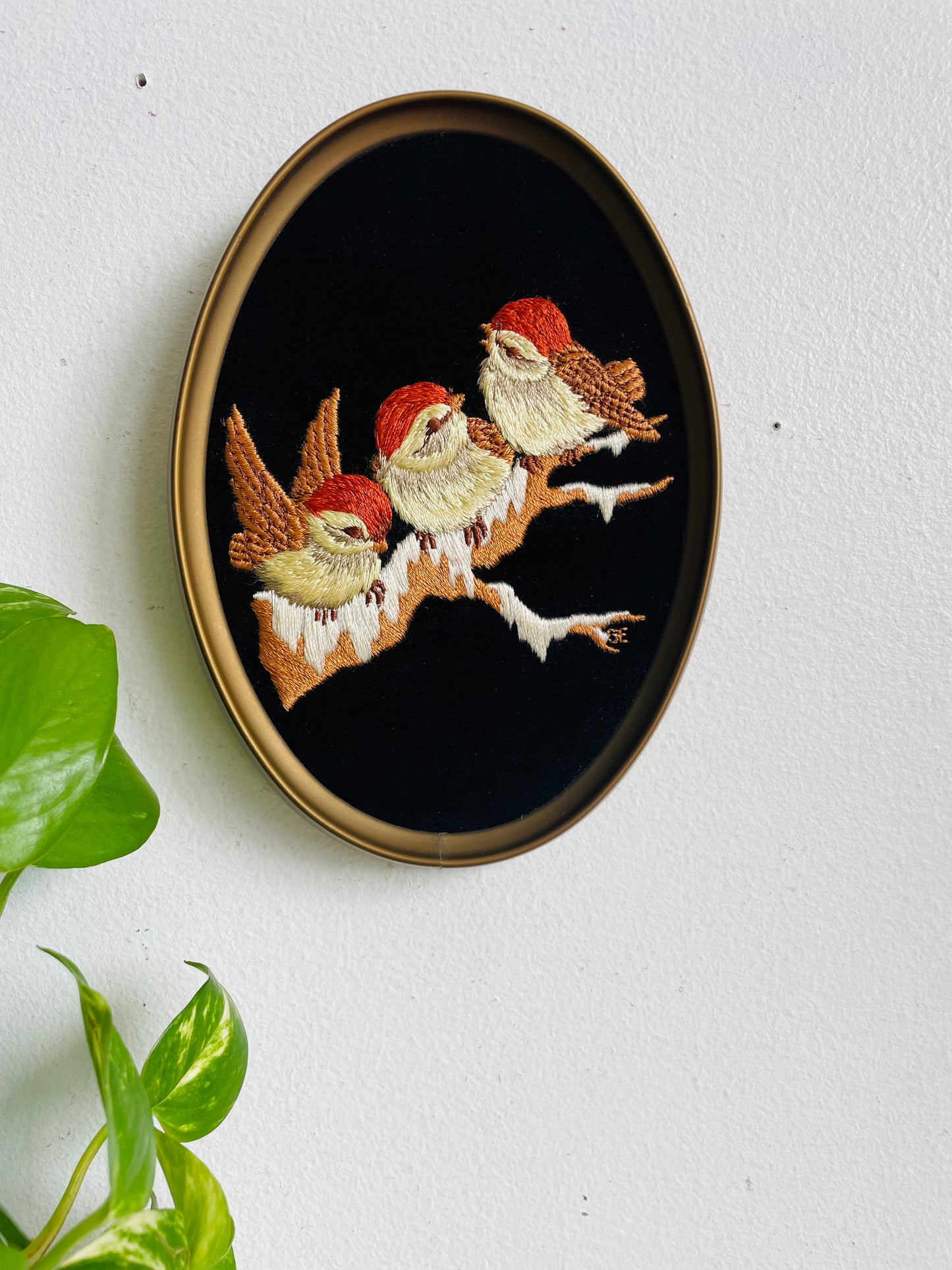 Vintage Ecstasy Giftware Oval Embroidery on Black Velvet Picture of Chickadee Birds in Winter